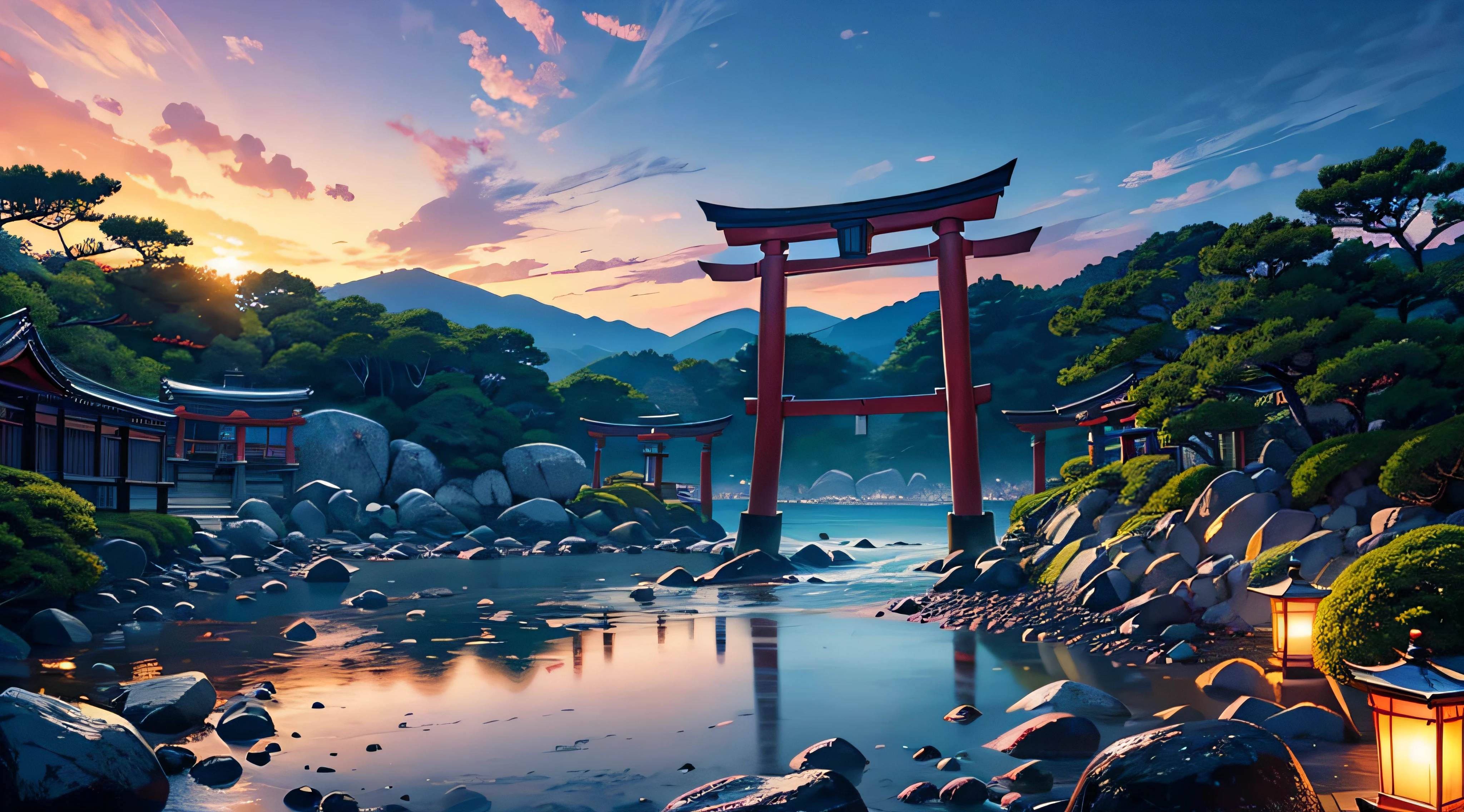 (jpn、morning glow、shores、torii gate)、shrines、夏天、boulders