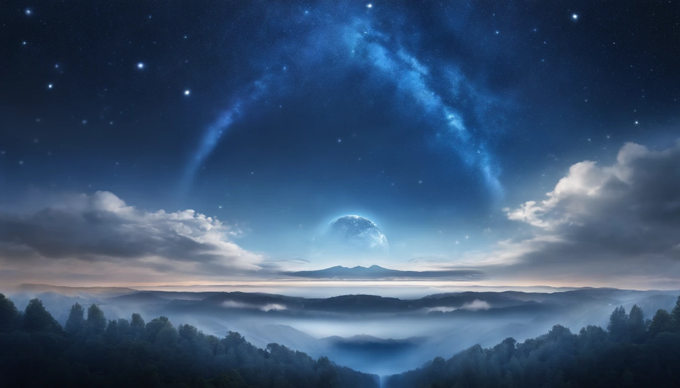 The base panel design is blue and white, The font is predominantly blue, Starry sky elements, Leave the center blank, Concise illustration