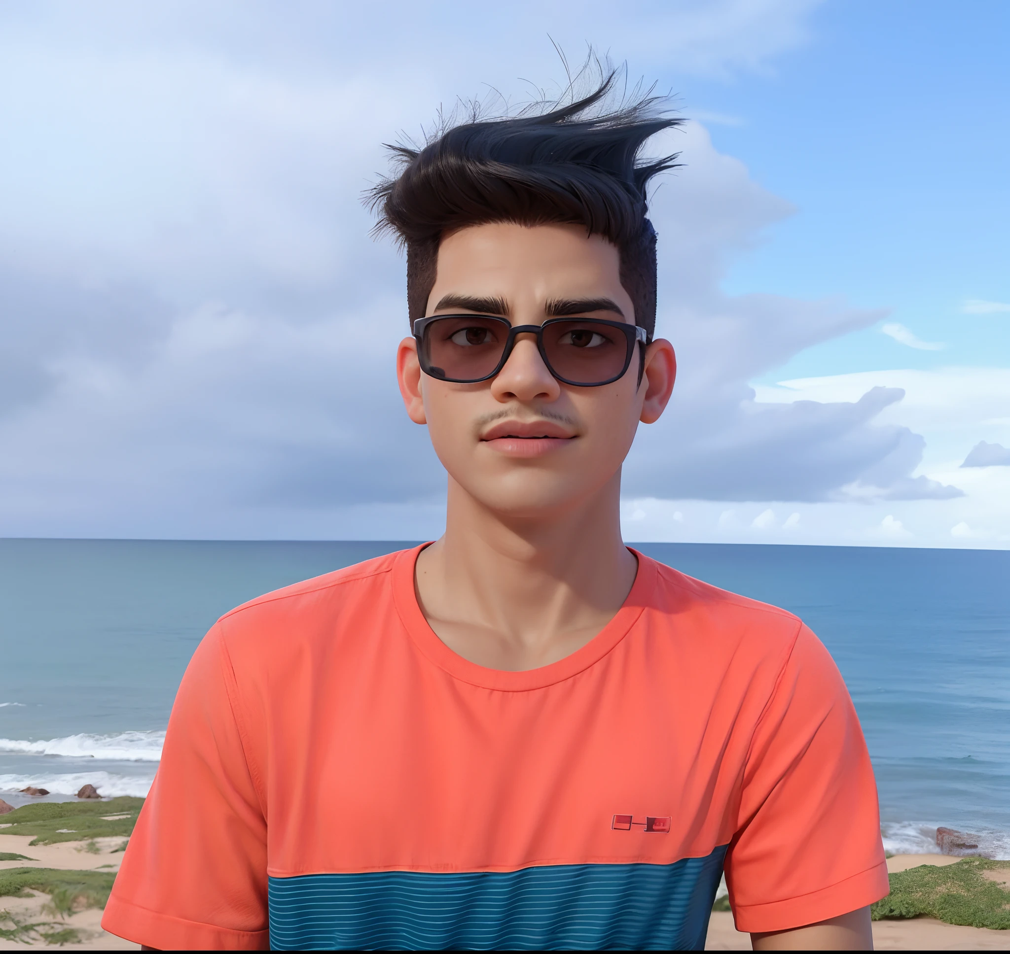 There's a man with a mohawk and sunglasses standing on the beach, caio santos, O oceano ao fundo, icaro carvalho, oceano ao fundo, em torno de 1 9 anos, mateus 9 5, salvador, edu souza, david rios ferreira, andres rios, inspirado em Nathan Oliveira, cerca de 20 yo, imagem frontal, Joel Torres