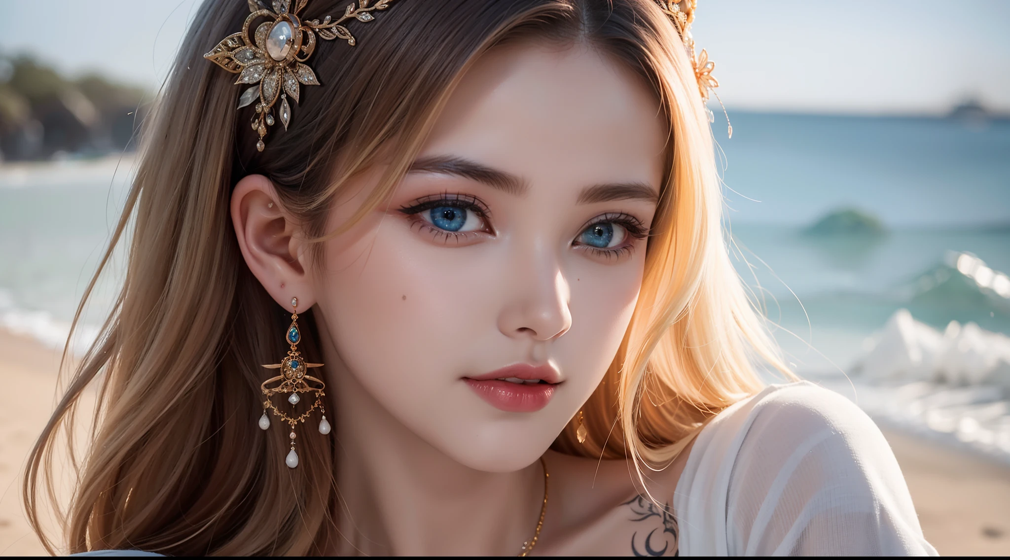 Witness the ultimate masterpiece of art with our AI platform – stunning 8k ultra HD renderings of a beautiful Pakistani woman adorned with intricate tattoos, Play on the beach with blonde hair and piercing blue eyes.
