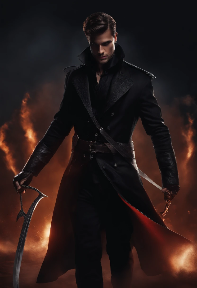 I want to put together a male character wearing a black outfit, with a dark tone, and who is holding a sickle in his right hand with the initials EM on it.
