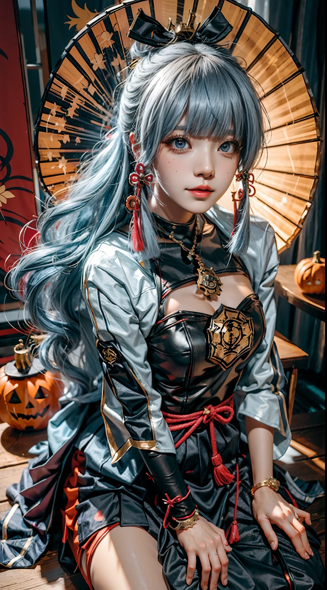 A girl,cosplaying Ayaka from the game Genshin impact, with a Halloween background, sitting,full body, pumpkin lantern, highest quality (best quality, masterpiece:1.1) and has a realistic appearance (realistic:1.4),pale white-blue hair,The focus is on the detailed depiction of the girl's face, specifically her beautiful eyes, detailed lips, and long eyelashes. The girl is dressed in a cosplay costume of the character Ayaka from Genshin impact, and the scene is set against a Halloween-themed background. The colors of the portrait are vibrant and vivid. The lighting is well-balanced, highlighting the girl's features and creating a visually appealing atmosphere.