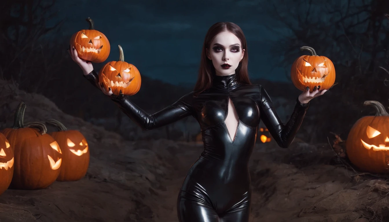 demon woman with pale skin dressed in latex leotard holding an halloween pumpkin at night, dressed in latex, gothic aesthetic, halloween vibes, horror cinematic, ultra detailed, masterpiece.