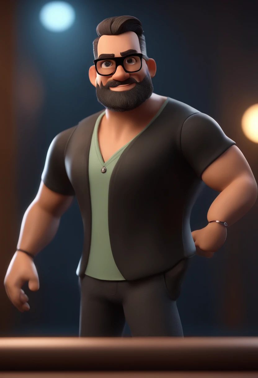 Cartoon character of a man with black glasses and a black polo shirt, cabelo liso, With beard and old school tattoo on his arm, animation character, Caractere estilizado, animation style rendering, 3D estilizado, Arnold Maya render, 3 d render stylized, toon render keyshot, Personagem 3D, Personagem 3D, 3d rendering stylized, 3 d character render, personagem de desenho animado, Personagem de close up, Pose de personagem, (Estilo Pixar) (master part:1.2) (Bokeh) (best quality) (pele detalhada) (textura detalhada) (8k) (argila) (Cinematic lighting) (foco nítido