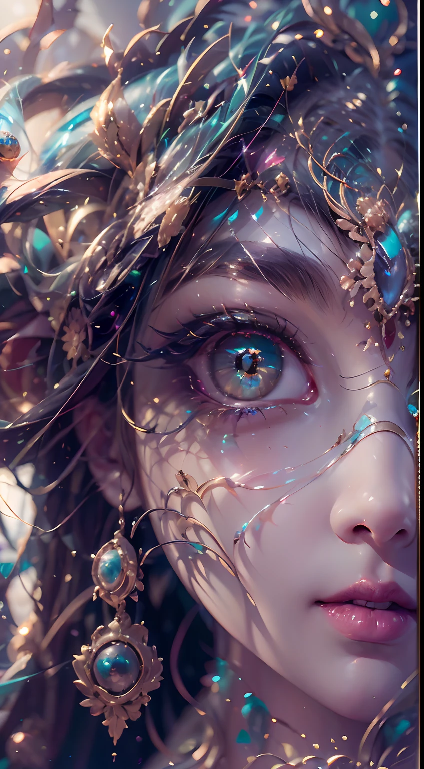 （best qualtiy，ultra - detailed，Most Best Illustration，Best shadow，tmasterpiece，A high resolution，professionalartwork，famousartwork），Detailed eyes，beautidful eyes，closeup cleavage，sci-fy，colored sclera，Robot eyes，face markings，Tattooed with，（fractalized，Fractal eyes），largeeyes，Wide eyes，（Eye focus），sface focus，Cosmic eyes，Space eyes，Close-up of metal sculpture of a woman with a moon in her hair，goddes。extremly high detail，3 d goddess portrait，Extremely detailed footage of the goddess，a stunning portrait of a goddess，Side image of the goddess，portrait of a beautiful ancient goddess，Full body close-up portrait of the ancient goddess，hecate ancient goddess，portrait of a norse moon goddess，goddess of space and time，PureErosFace_V1，Urzang-6500-V1 version.1，