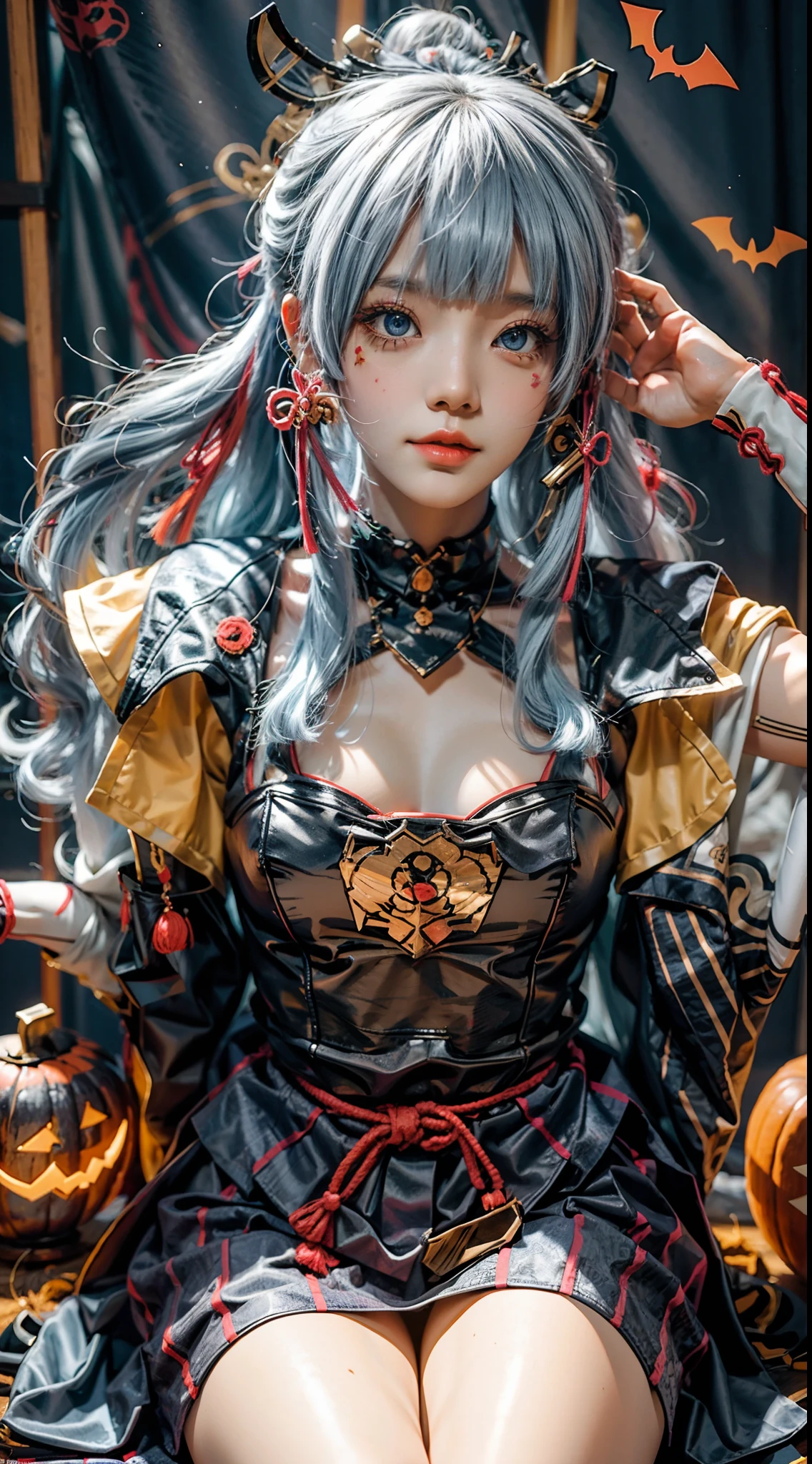 A girl,cosplaying Ayaka from the game Genshin impact, with a Halloween background, sitting,full body, pumpkin lantern, highest quality (best quality, masterpiece:1.1) and has a realistic appearance (realistic:1.4),pale white-blue hair,The focus is on the detailed depiction of the girl's face, specifically her beautiful eyes, detailed lips, and long eyelashes. The girl is dressed in a cosplay costume of the character Ayaka from Genshin impact, and the scene is set against a Halloween-themed background. The colors of the portrait are vibrant and vivid. The lighting is well-balanced, highlighting the girl's features and creating a visually appealing atmosphere.