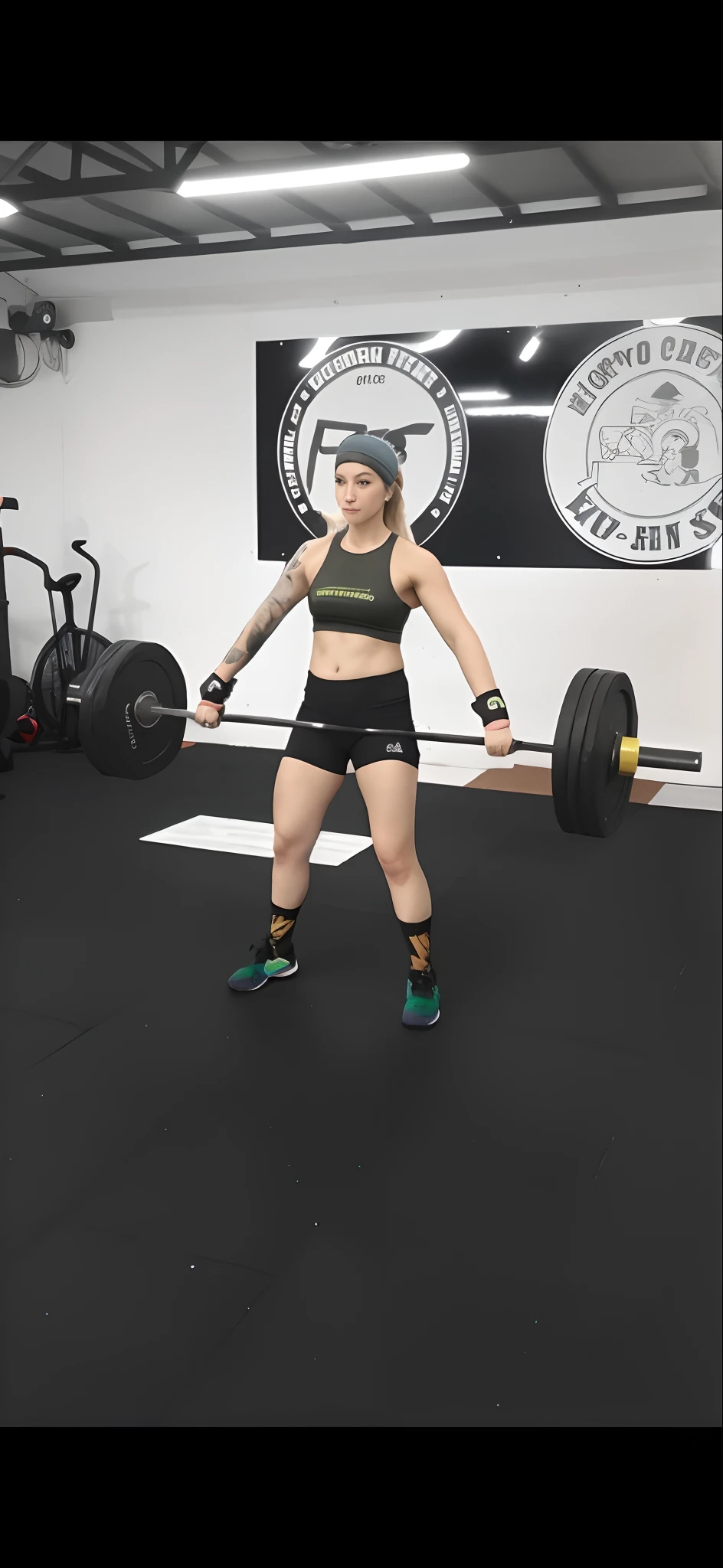 Woman in a gym holding a barbell in her hands, mid 2 0's female, Foto tirada em 2018, carregando duas barras, Emily Rajtkowski, muito forte, corpo inteiro feminino, body is strong and upright, levantamento de pesos, corpo inteiro feminino, Fotografia tirada em 2 0 2 0, imagem de perfil, athletic crossfit build