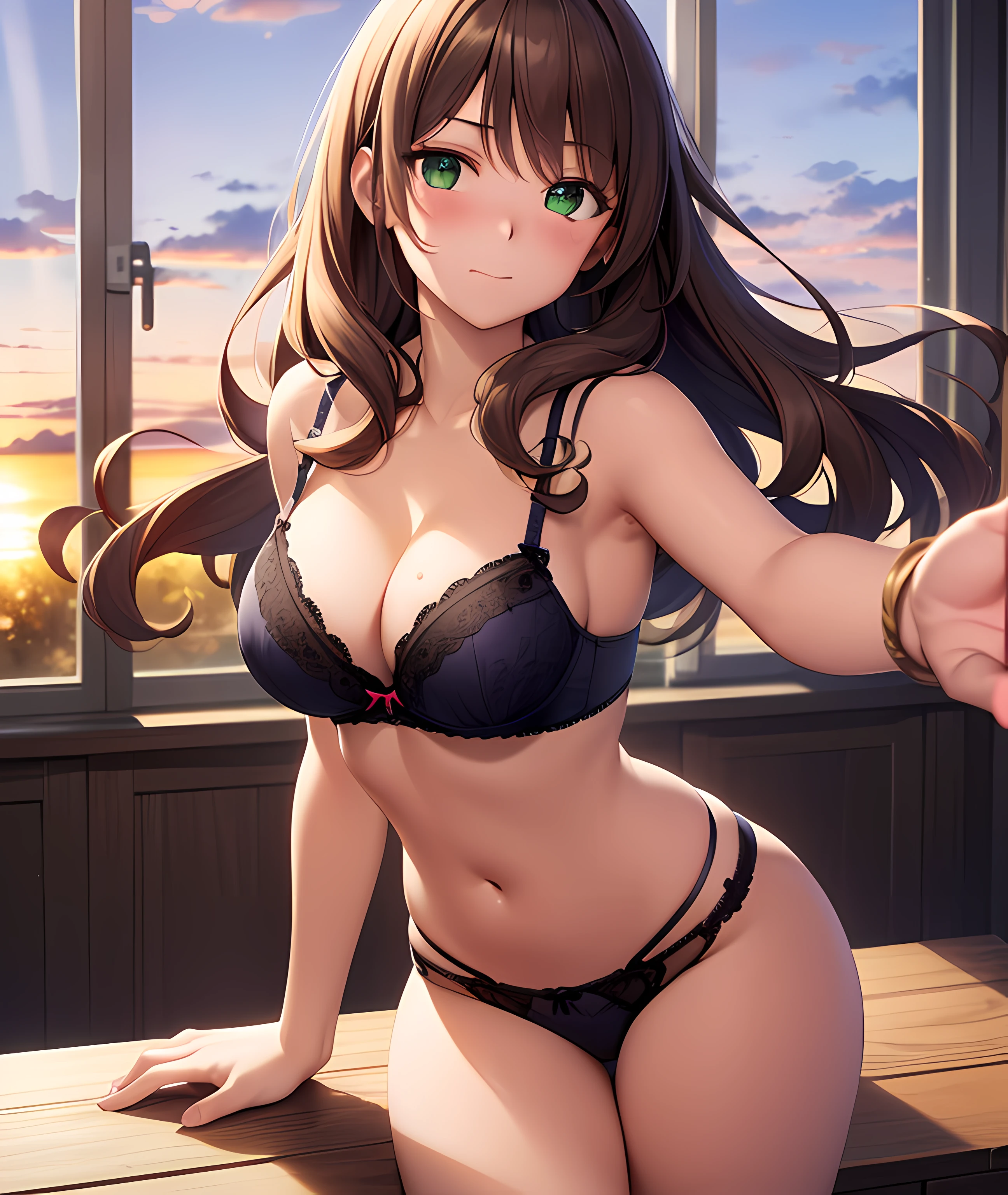 ((masterpiece, best quality, highres, UHD, perfect pixel, depth of field, 4k, RTX, HDR)), 1girl, single, solo, 24 years old, beautiful anime girl, beautiful artstyle, anime character, ((long hair, bangs, brown hair, curly hair)), (green eyes:1.4, rounded eyes, beautiful eyelashes, realistic eyes), (detailed face, blushing:1.2), (smooth texture:0.55, realistic texture:0.65, photorealistic:1.2, cinematic, anime CG style), medium breasts, perfect body, busty, cleavage, armpit, (POV, close up), ((summer clothes, lingerie, bra, panties, underwear)), (indoor, beside the window), ((side light, natural light, sunrise)), embarrassed face, sighing expression, looking at viewer
