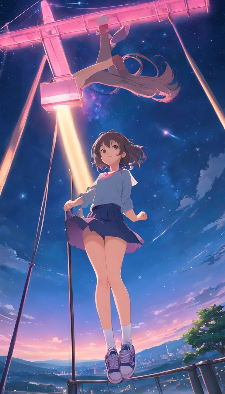 best qualtiy, tmasterpiece, 超A high resolution, realisticlying, 1 girl,(Long grey hair),Iris heterochromic pupil,(ssmile)(Denim skirt), Pink stockings,Athletic Sneakers,Fantastic starry sky,Park Swing,wide angles