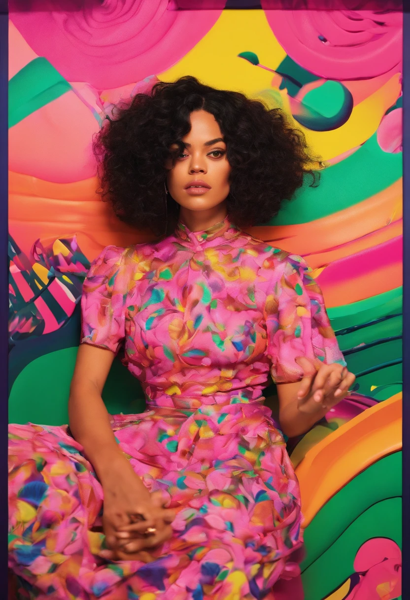 ((qualidade superior, 8k)), (Realistic), (foco facial: 1.1), (preto e rosa: 1.3), There is a woman sitting on a green sofa in a flowery dress, sentado em um lounge, Tiro em Leica SL2, taken in the early 2020s, Young lady, suave em _ O pano de fundo, Loish |, Retrato no meio da foto, chillin no clube juntos, olhando para o lado, Tessa Thompson inspirada