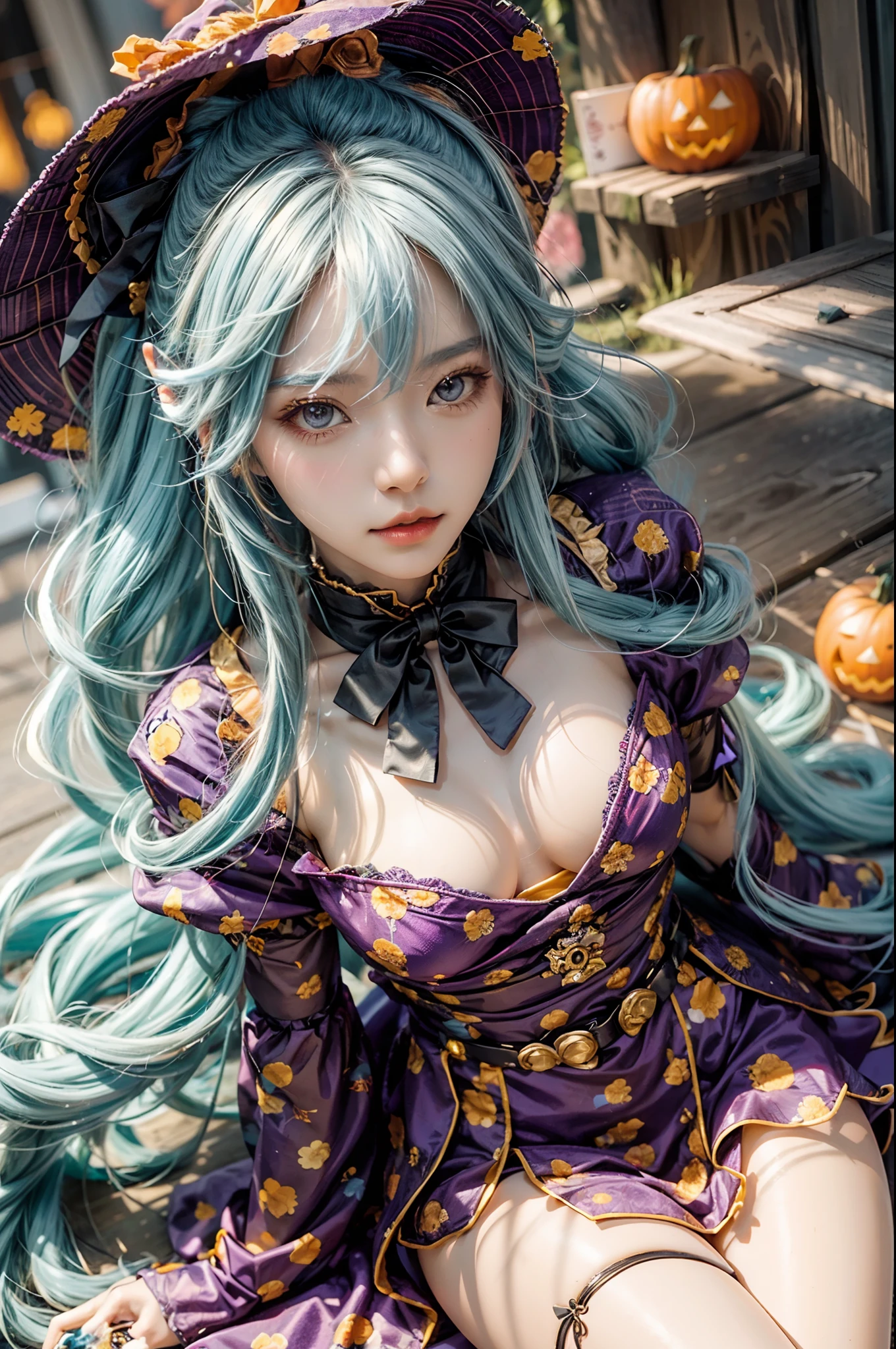 A girl,cosplaying Ayaka from the game Genshin impact, with a Halloween background, sitting,full body, pumpkin lantern, highest quality (best quality, masterpiece:1.1) and has a realistic appearance (realistic:1.4),pale white-blue hair, looking at viewers,front view,The focus is on the detailed depiction of the girl's face, specifically her beautiful eyes, detailed lips, and long eyelashes. The girl is dressed in a cosplay costume of the character Ayaka from Genshin impact, and the scene is set against a Halloween-themed background. The colors of the portrait are vibrant and vivid. The lighting is well-balanced, highlighting the girl's features and creating a visually appealing atmosphere,UHD, masterpiece,