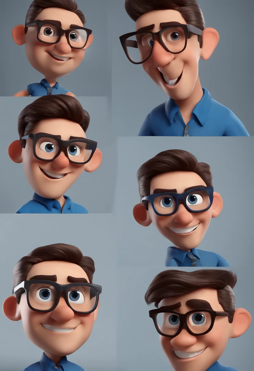 Cartoon character of a man with black glasses and a blue shirt, animation character, Caractere estilizado, animation style rendering, 3D estilizado, Arnold Maya render, 3 d render stylized, toon render keyshot, Personagem 3D, Personagem 3D, 3d rendering stylized, 3 d character render, personagem de desenho animado, Personagem de close up, Pose de personagem, (Estilo Pixar) (master part:1.2) (Bokeh) (best quality) (pele detalhada) (textura detalhada) (8k) (argila) (Cinematic lighting) (foco nítido