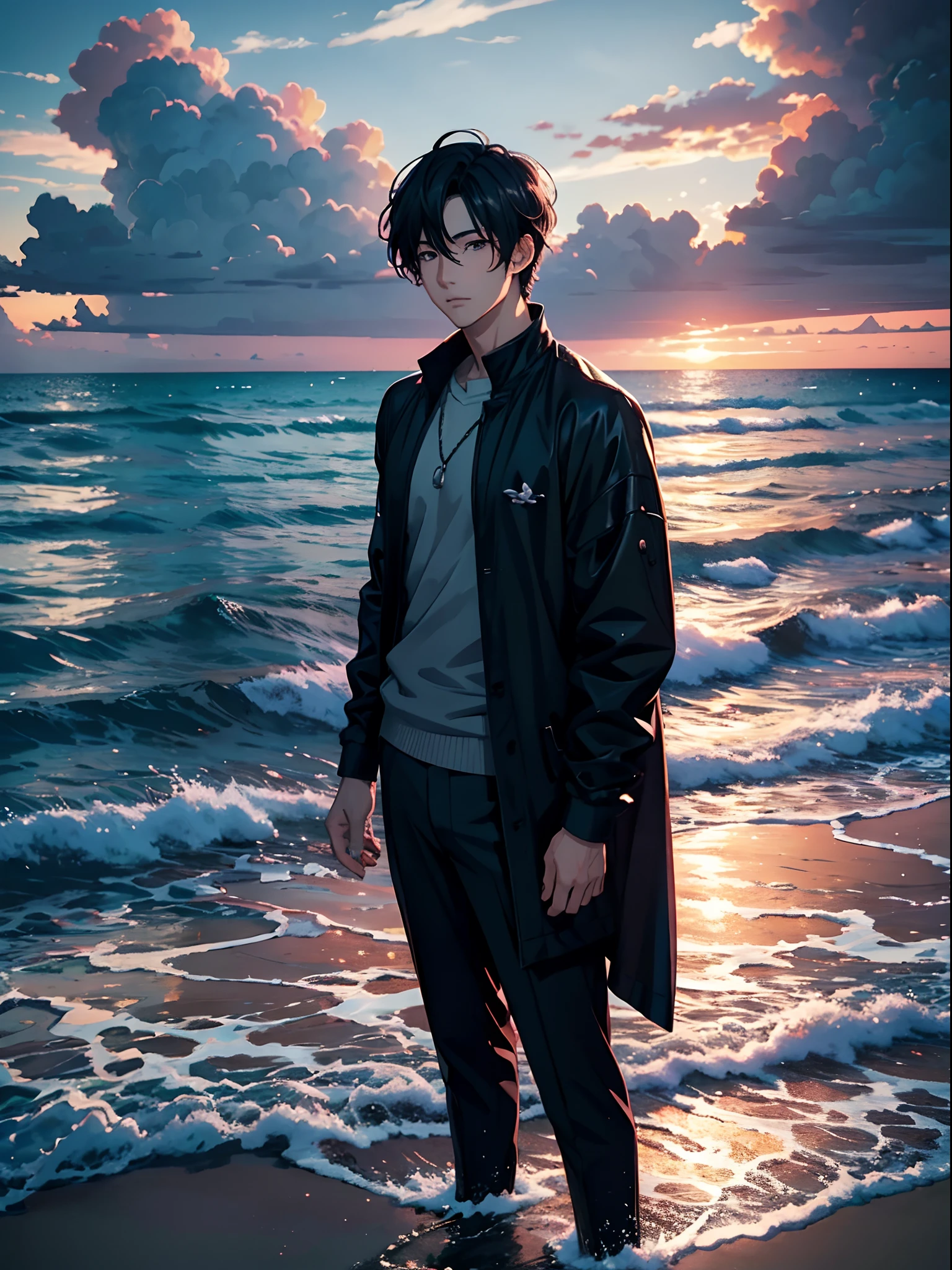 a handsome anime man on the seashore, gloomy ocean, cloudy sky, dusk, beautiful picture