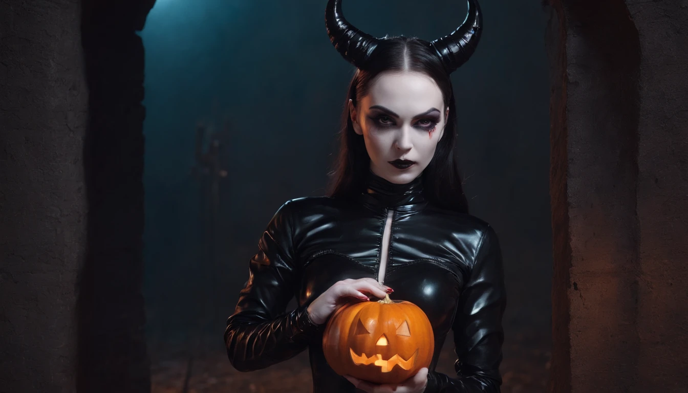 demon woman with pale skin dressed in latex leotard holding an halloween pumpkin at night, dressed in latex, gothic aesthetic, halloween vibes, horror cinematic, ultra detailed, masterpiece.