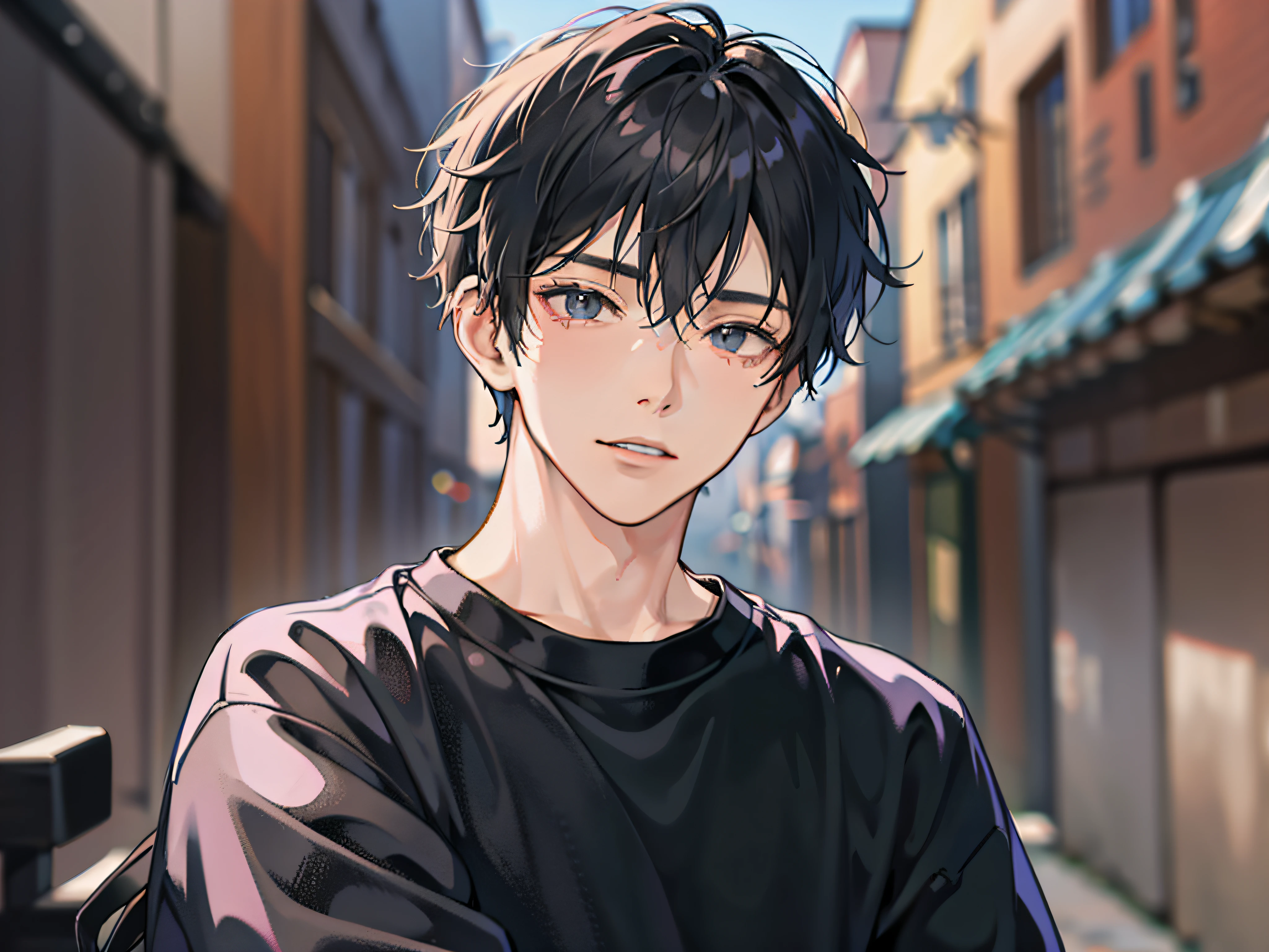 masutepiece, Detailed picture,Single male,late 20s age, The upper part of the body, A dark-haired, Black eyes, gloom, Reach out to the viewer,Dynamic Angle,Wearing a sweatshirt,Reviewer is watching, background is back alley