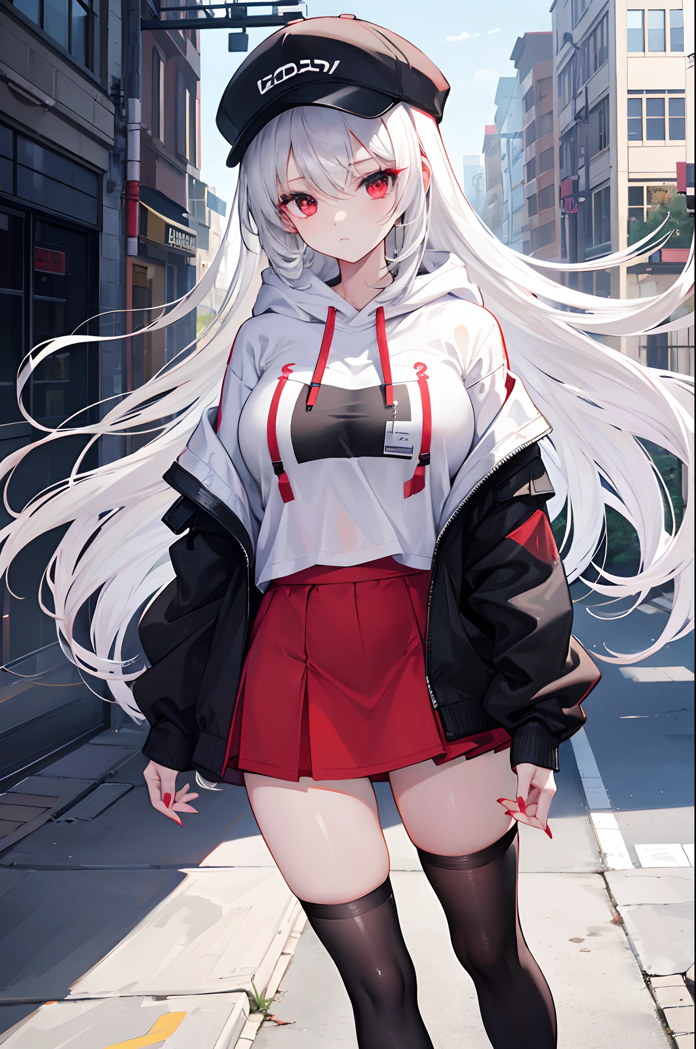 Girl with high ponytail wearing red sweatshirt，beauty，white hair，beauty的身材，Sweet