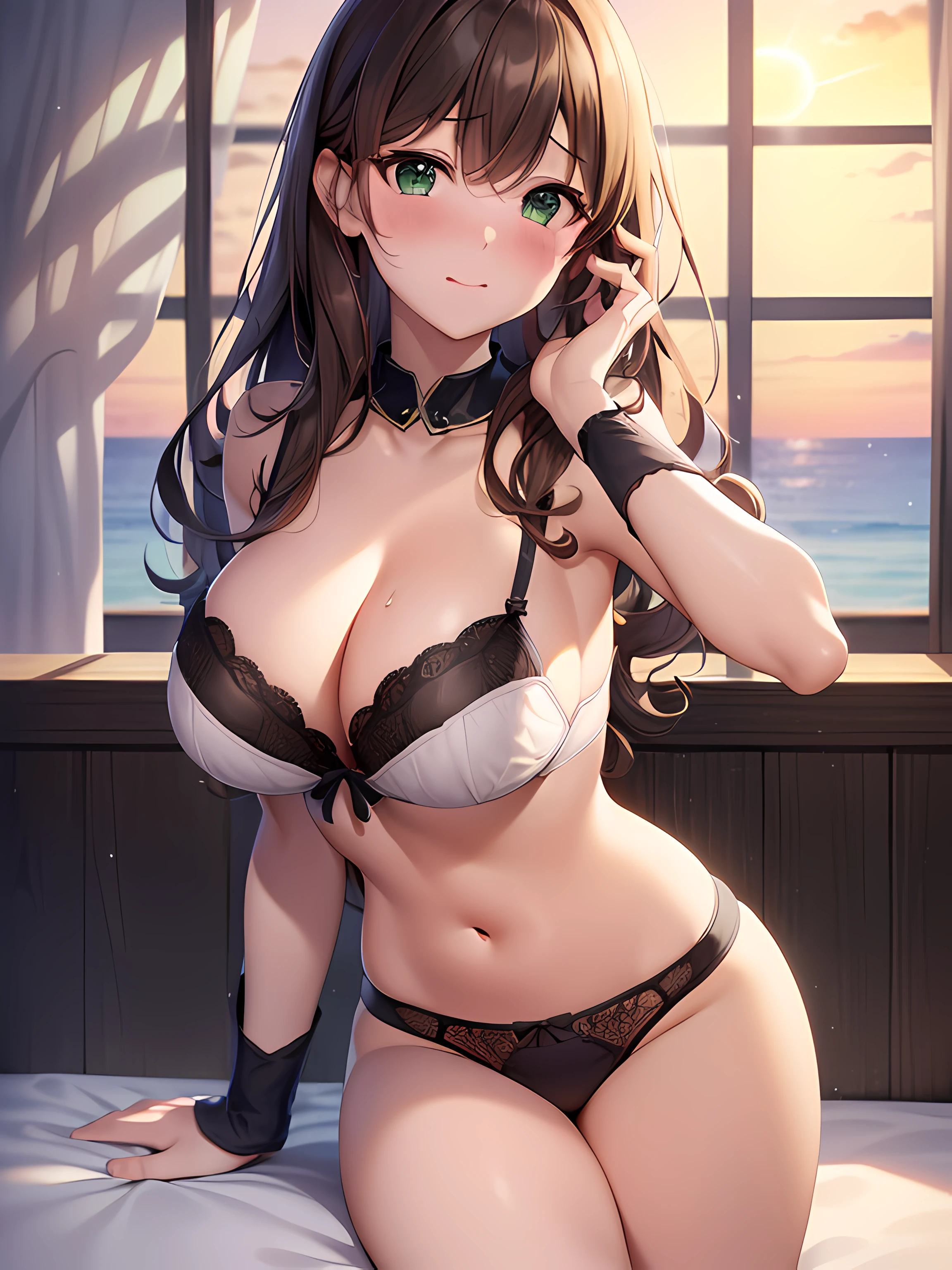 ((masterpiece, best quality, highres, UHD, perfect pixel, depth of field, 4k, RTX, HDR)), 1girl, single, solo, 24 years old, beautiful anime girl, beautiful artstyle, anime character, ((long hair, bangs, brown hair, curly hair)), (green eyes:1.4, rounded eyes, beautiful eyelashes, realistic eyes), (detailed face, blushing:1.2), (smooth texture:0.55, realistic texture:0.65, photorealistic:1.2, cinematic, anime CG style), medium breasts, perfect body, busty, cleavage, armpit, (POV, close up), ((summer clothes, lingerie, bra, panties, underwear)), (indoor, beside the window), ((side light, natural light, sunrise)), embarrassed face, sighing expression, looking at viewer