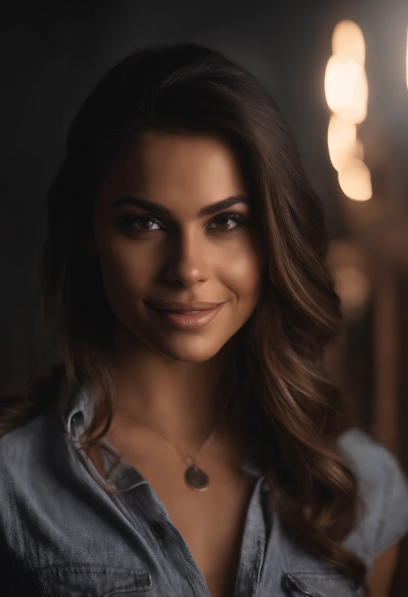 1girl, Foto de Cowboy de Sylvdark olhando para o espectador, pele colorida, sorriso, dente, Spoken heart, Onze, sobrancelhas longas, (camisa branca, black skirt), atletic, Volumetric lighting, best quality, master part, intrincado, Volumetric lighting, cinemactic, 8k, Cinematic lighting, master part, perfeito, detalhes intrincados, mapeamento de tons, Realistic