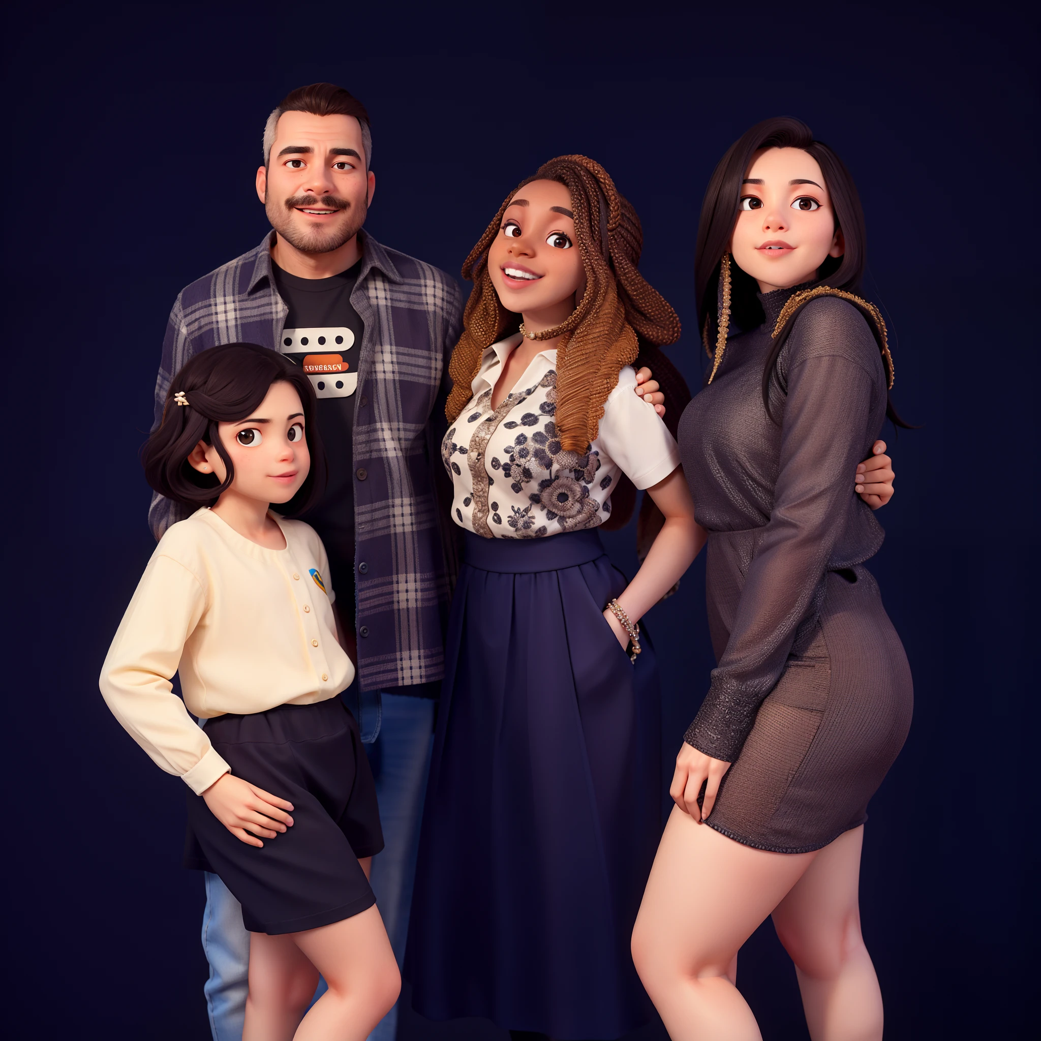 Obra-prima, de melhor qualidade, um homem, cabelo castanho, camisa branca, esposa pele negra, cabelo crespo, filha de 9 anos, cabelo cacheado curto, vestindo uma blusa branca e uma saia preta, filha 15 anos, vestido preto, cabelo cacheado.