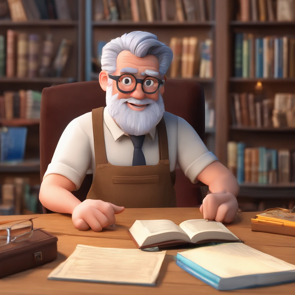 Crie um cartaz inspirado na Disney Pixar com o personagem sendo o pastor Rubens Janier, A gray-haired man wearing glasses, in an office with a Bible on the table