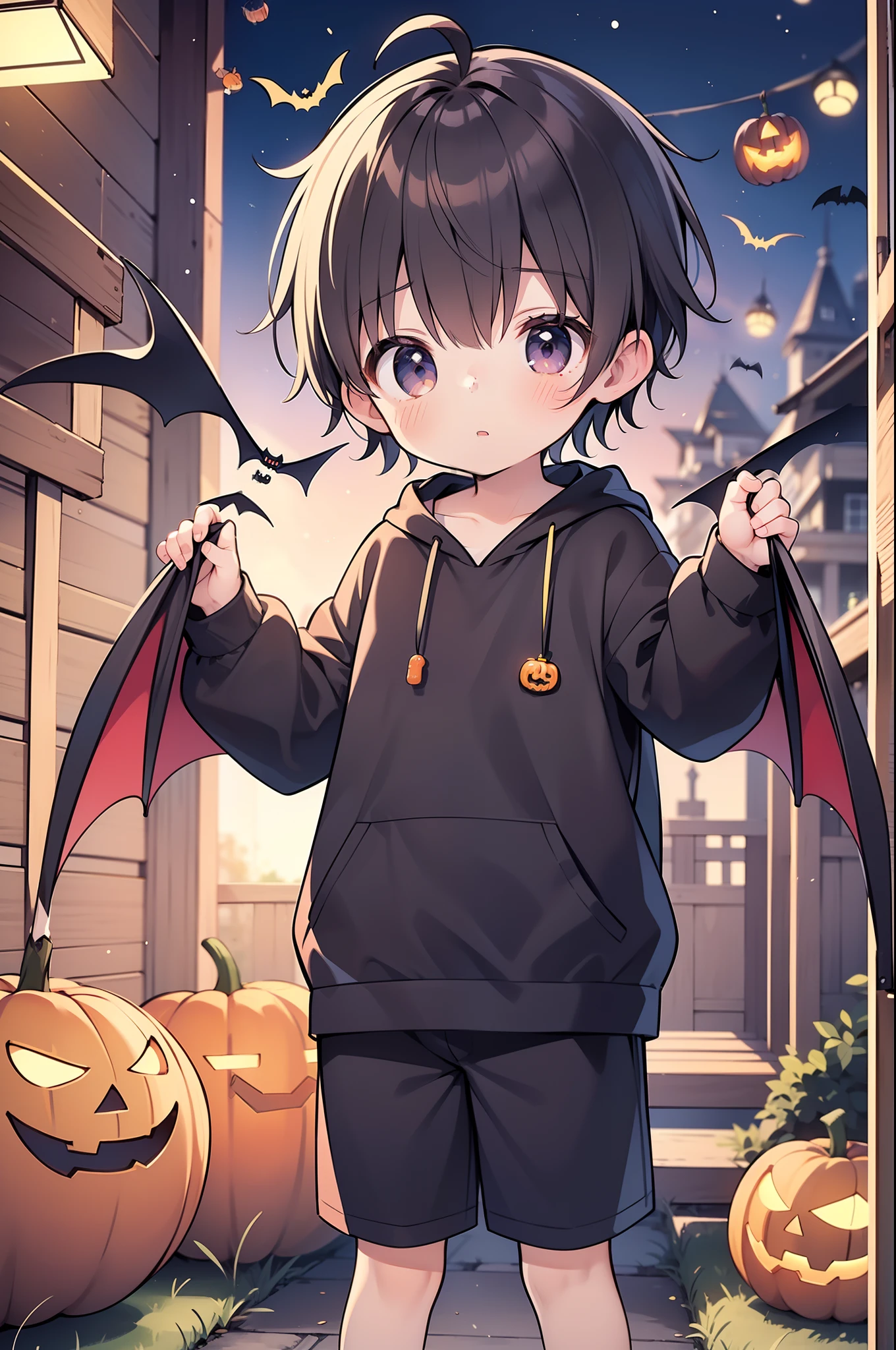 A cute boy，adolable，Bat wings，halloween，Jack-o'-lantern，the bats，Young, Boy, child, small, toddlers (Boy:1.4), (Shota:1.4), (Young:1.4), (Male:1.4), (Pastel:1.0), (colours:1.0), (cutecolors:1.0),