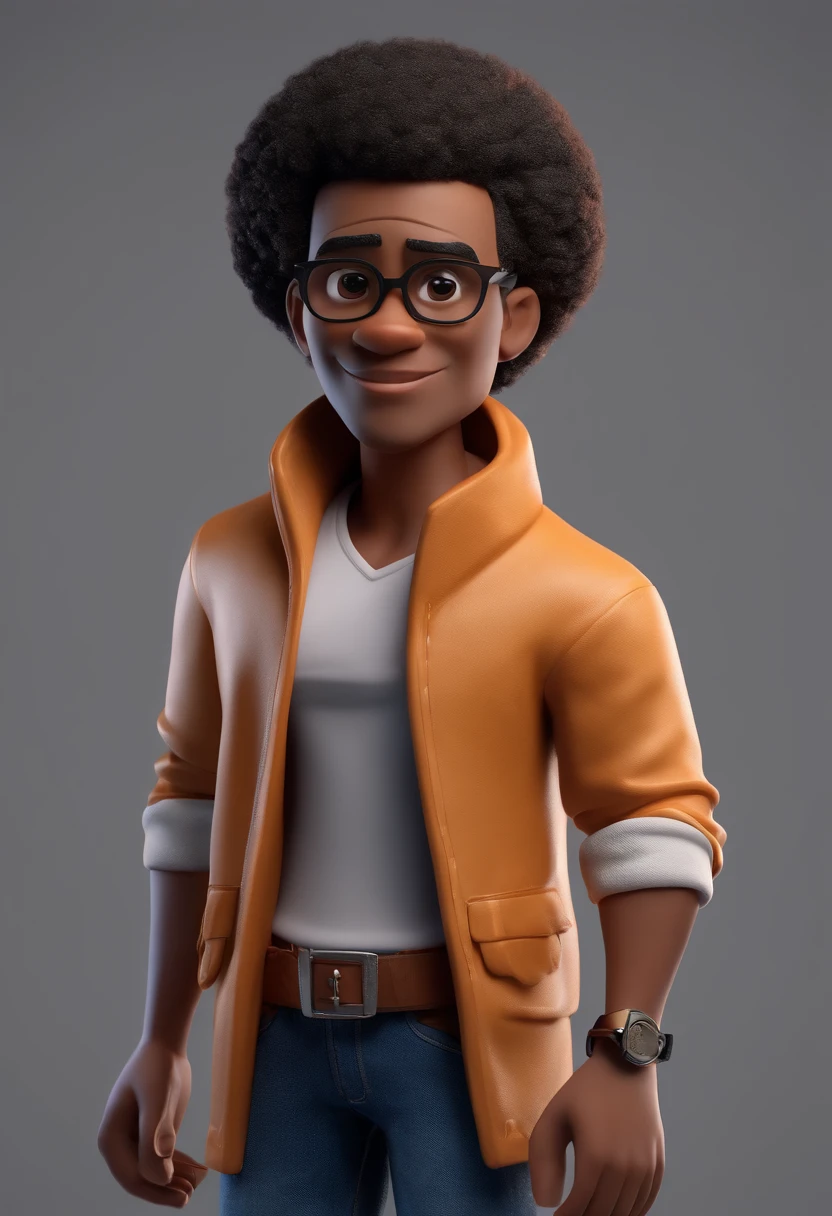 Cartoon character of a black man with curly black hair with the sides of his head shaved with a stylish outfit, animation character, Caractere estilizado, animation style rendering, 3D estilizado, Arnold Maya render, 3 d render stylized, toon render keyshot, Personagem 3D, Personagem 3D, 3d rendering stylized, 3 d character render, personagem de desenho animado, Personagem de close up, Pose de personagem, (Estilo Pixar) (master part:1.2) (Bokeh) (best quality) (pele detalhada) (textura detalhada) (8k) (argila) (Cinematic lighting) (foco nítido