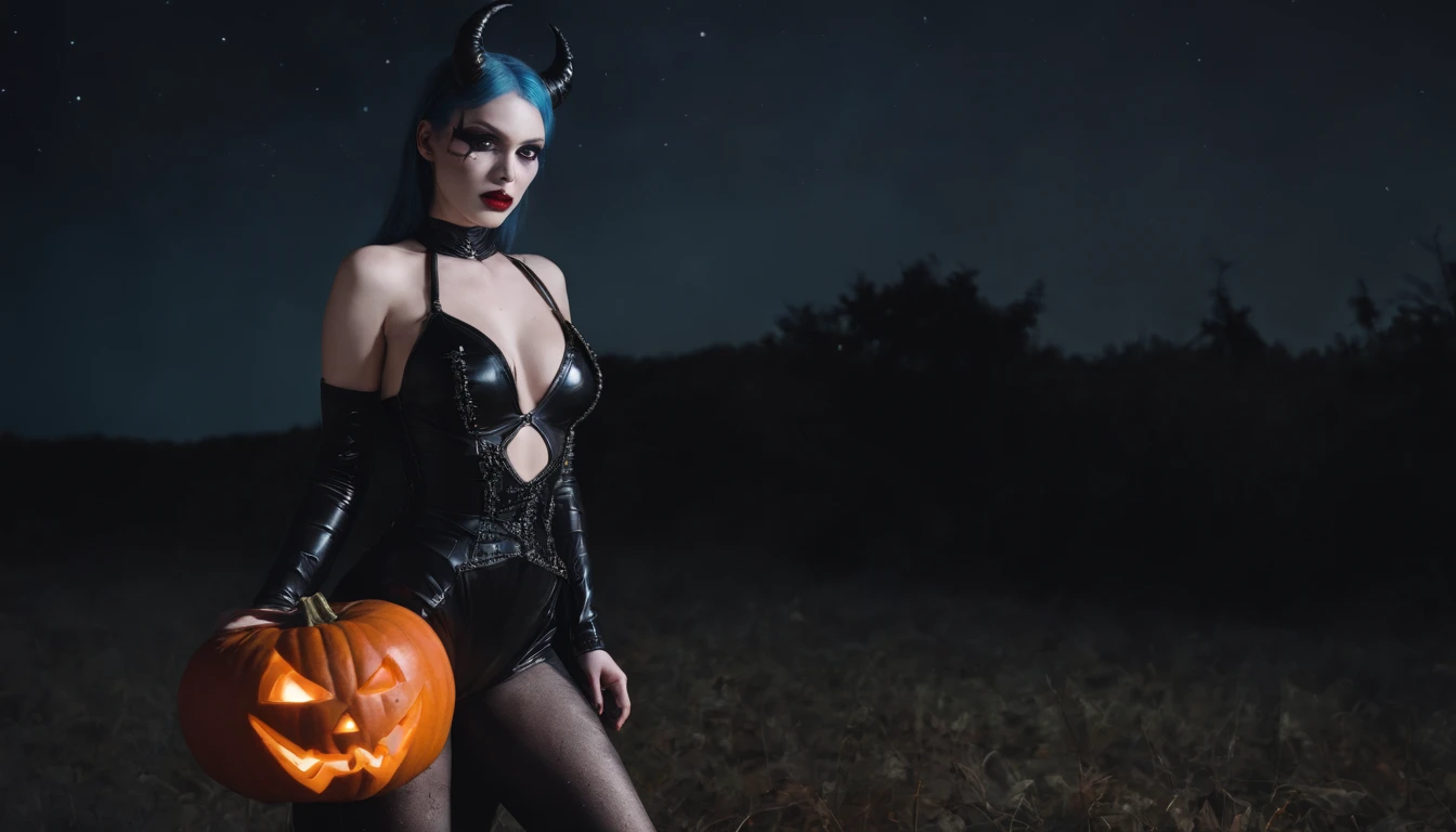 demon woman with pale skin dressed in latex leotard holding an halloween pumpkin at night, dressed in latex, gothic aesthetic, halloween vibes, horror cinematic, ultra detailed, masterpiece.