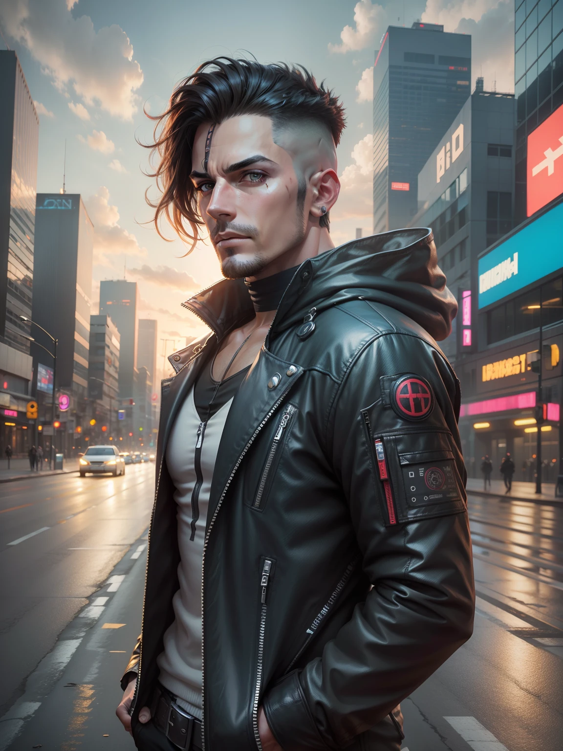 Change background cyberpunk realistic face on road handsome man on highway landscape