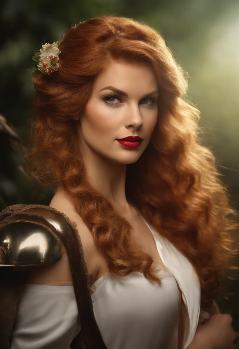 (master part), (best quality), makima com o rosto de Taylor Swift (chain saw man), best quality, ultra detalhado, 1girl, sozinho, Standing, red hair, long braided hair, olhos dourados, franja, medium breasts, amarrar, olhar, sorrir, (mau: 1.2), Looking at the Viewer, (entrevista: 1.3), (fundo escuro, Correntes: 1.3) Seios para fora,