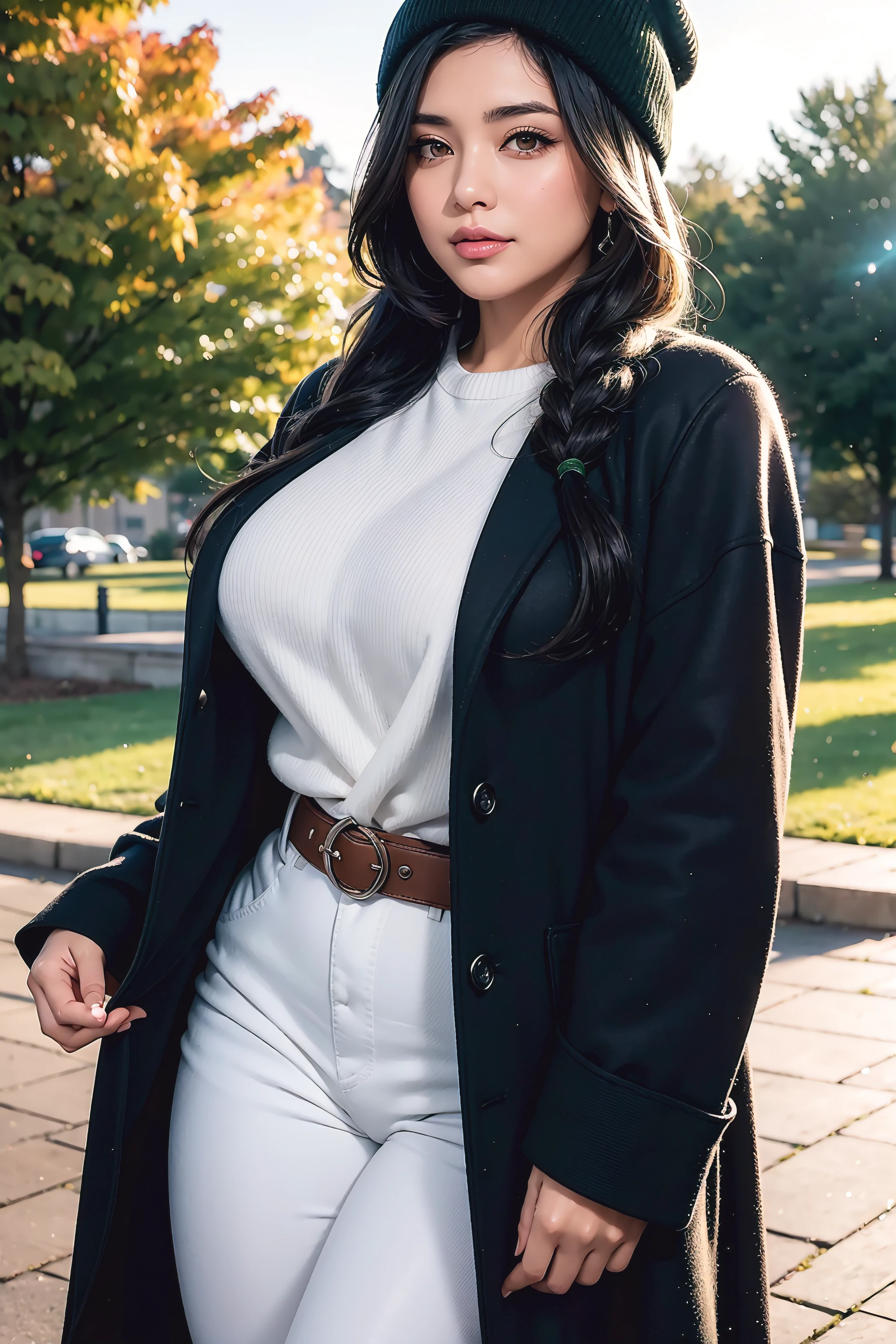 Beautiful sensual woman with a curvy body, black hair, bangs, twintail, widest waist, fitting breasts, curvy accentuated booty, sparkling olive-green eyes, long eyelashes, thick thighs, Strong calves, smirk, taniaayusiregar, She wears a black wool Coat, white jeans, brown belt, black beanie, she waits in a park, photorealistic, Masterpiece, bokeh, Volumetric lighting, Fall season atmosphere, close up shot