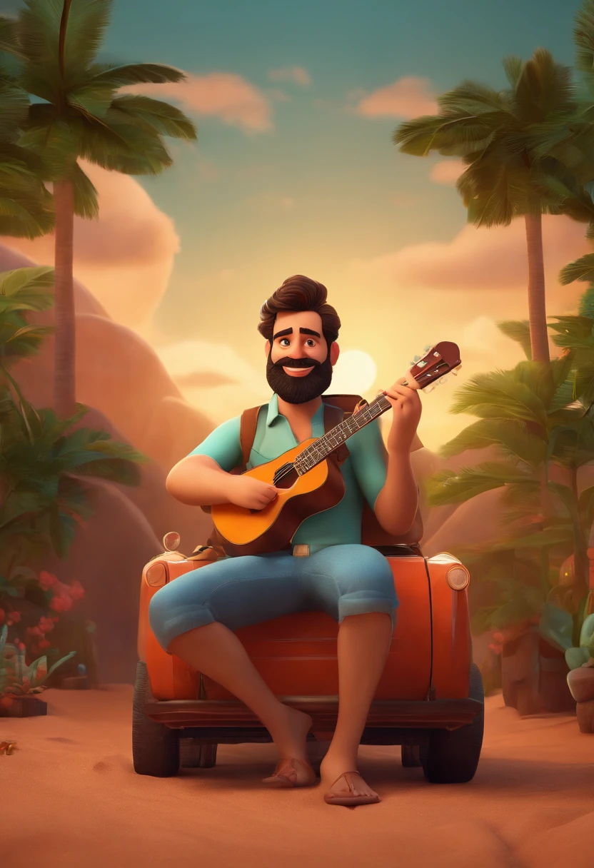 Homem de 30 anos com barba tocando sanfona na lua estilo pixar