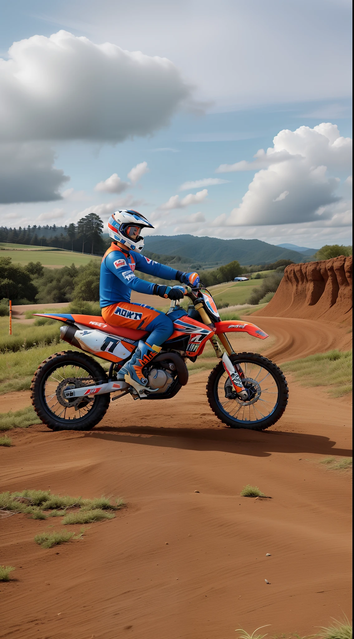 um Homem com motocross, Number 5 with the name Leo, moto vermelha, branca, azul, homen com rupas de motocross preta, laranja e capacete vermelho e branco,  andando de moto em uma estrada de terra, name Leo, MX2, moto motocross, moto com de  alta qualidade melhor qualidade