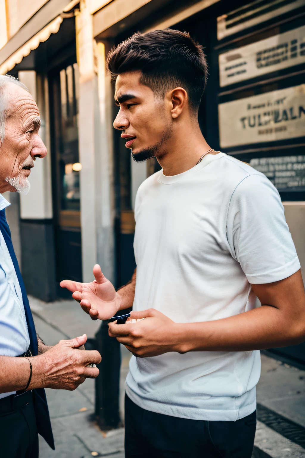 A 20 years old man speaking to a very old man, street background