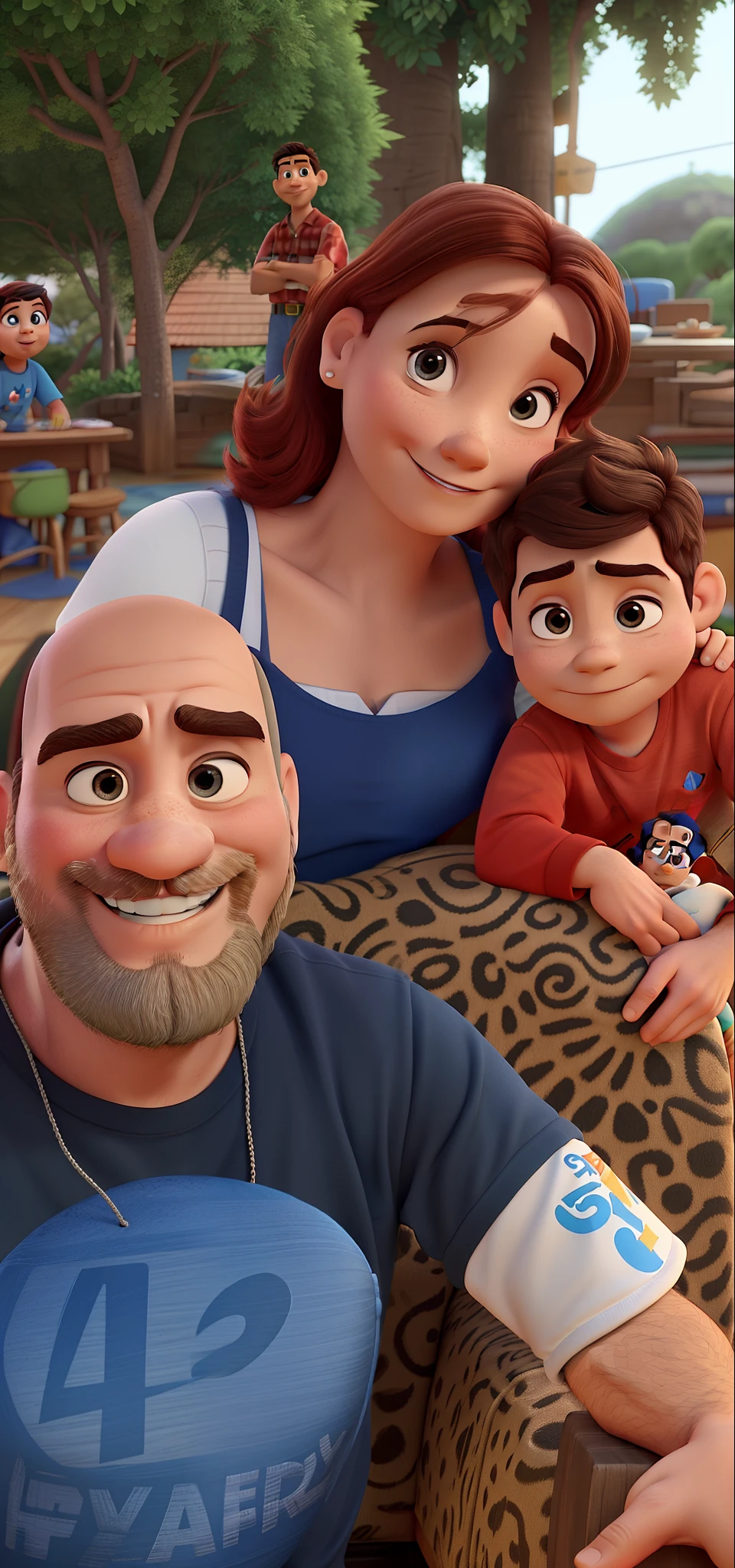 Pixar-style family, pai homem careca e com barba de 34 anos, Mother 41 years old, filho de 10 anos