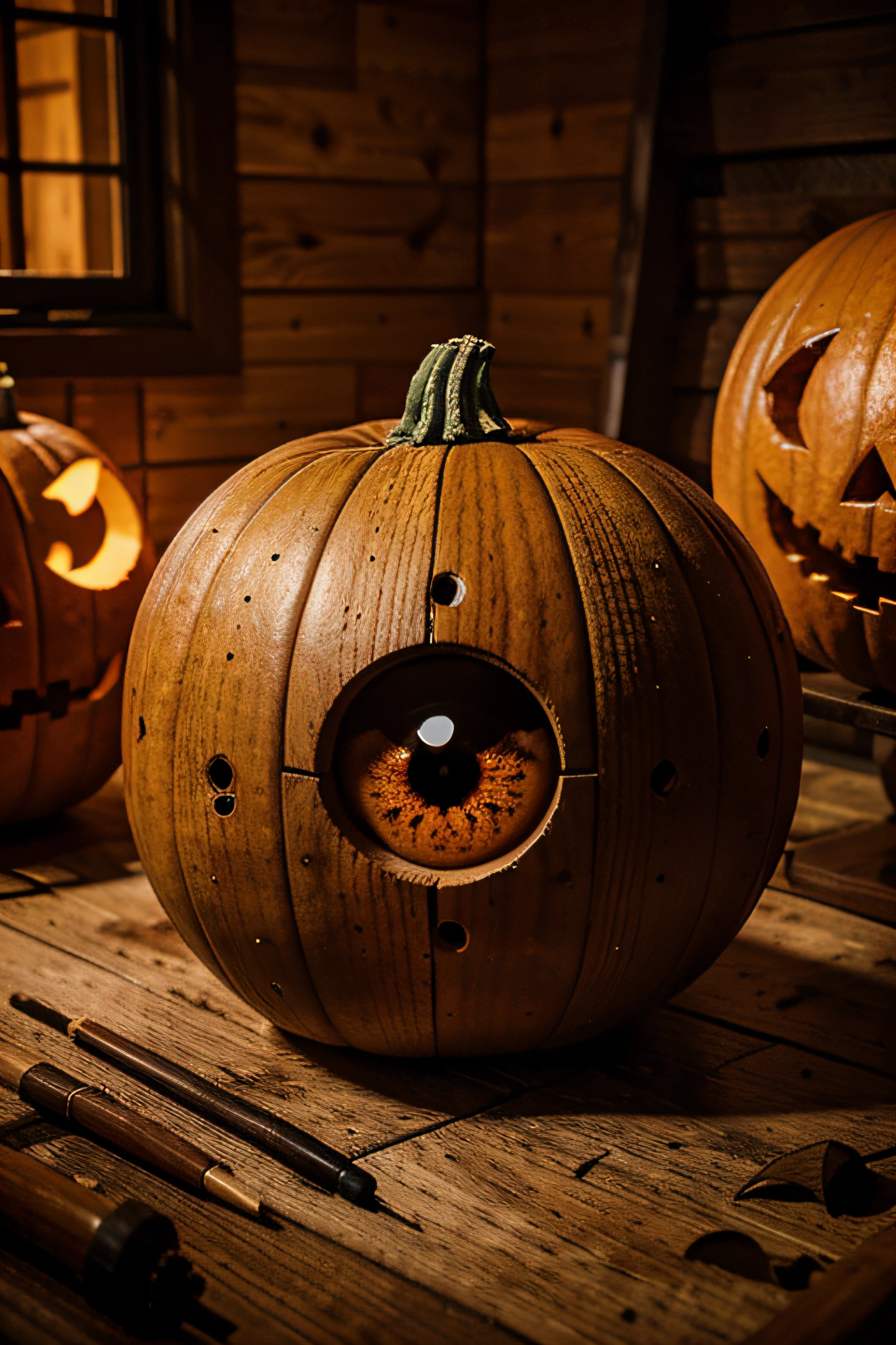 "A Halloween-themed pumpkin-eyed sphere, with a realistic style, sits inside a picturesque wooden house, surrounded by easels."