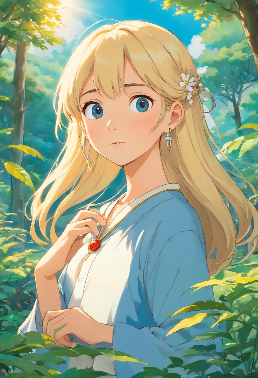 Une fille portant un collier en forme de soleil, un long collier et des boucles d’oreilles, cheveux long blond, yeux bleu claire, dans le style des paysages de jardin tranquilles, Photos d’animation colorées, Masami Teraoka, Paul Gauguin, Style Embry, Représentation honnête