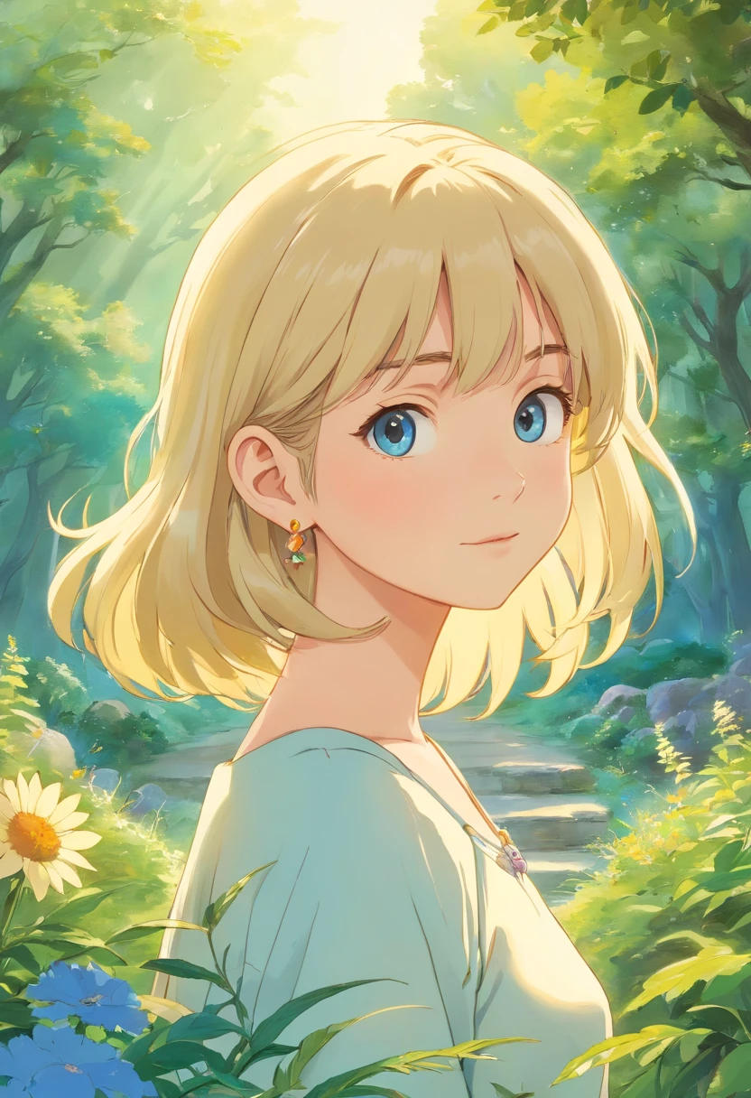 Une fille portant un collier en forme de soleil, un long collier et des boucles d’oreilles, cheveux long blond, yeux bleu claire, dans le style des paysages de jardin tranquilles, Photos d’animation colorées, Masami Teraoka, Paul Gauguin, Style Embry, Représentation honnête