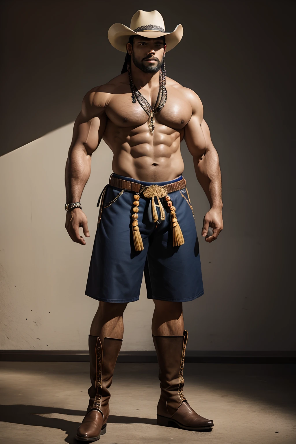 Picture a Brazilian bodybuilder who embodies both physical power and a deep connection to his cultural roots. He stands tall and proud, his imposing physique a testament to years of dedicated training, all the while donning the iconic traditional attire of Brazilian cowboys. He wears bombachas, loose-fitting trousers that offer both comfort and freedom of movement, perfectly complementing his muscular legs. Atop his head rests a traditional cowboy hat, its wide brim casting a shadow that highlights his chiseled features. His feet are encased in sturdy leather boots, bearing the marks of countless hours of hard work. This powerful figure stands against a backdrop of the Brazilian countryside, exemplifying the harmonious blend of strength and tradition in a captivating fusion of cultures.