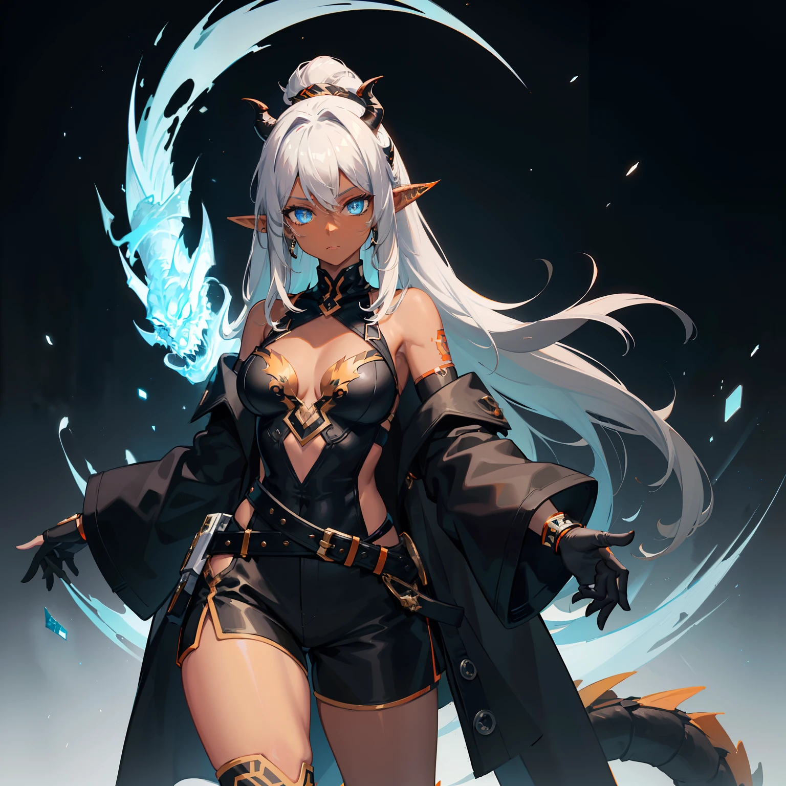 1girl , (((Dark Skin)))), Black Hair with Ponytail, (((Blue Eyes))), ((Black Metallic Gauntlets and Greaves with Orange and Silver Highlights)), (((The Clothes Have a Mix of Modern and Tribal))), (((The Clothes Have a Mix of Modern and Tribal))), having mostly the color black, but having parts in orange, shoulders exposed, at the hip a shorts that extend to half of the thigh of black color. ((Black Overcoat with a orange inner part)) absurd res, best res, high res, best face, best eyes, (((Dragon Tail))), ((Elf Ears))