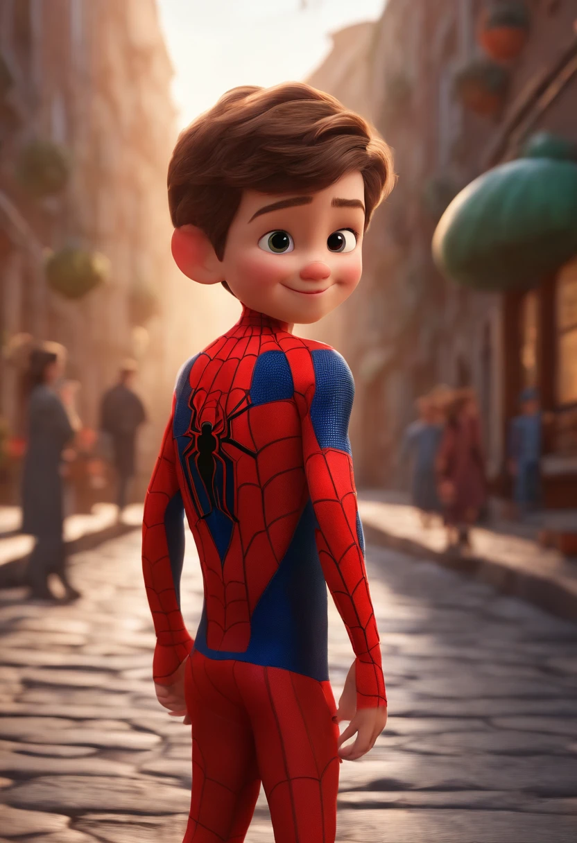 Imagem de um menino vestido de homem aranha em formato Pixar, He's the little baby, inteligente, Caring and super charismatic.