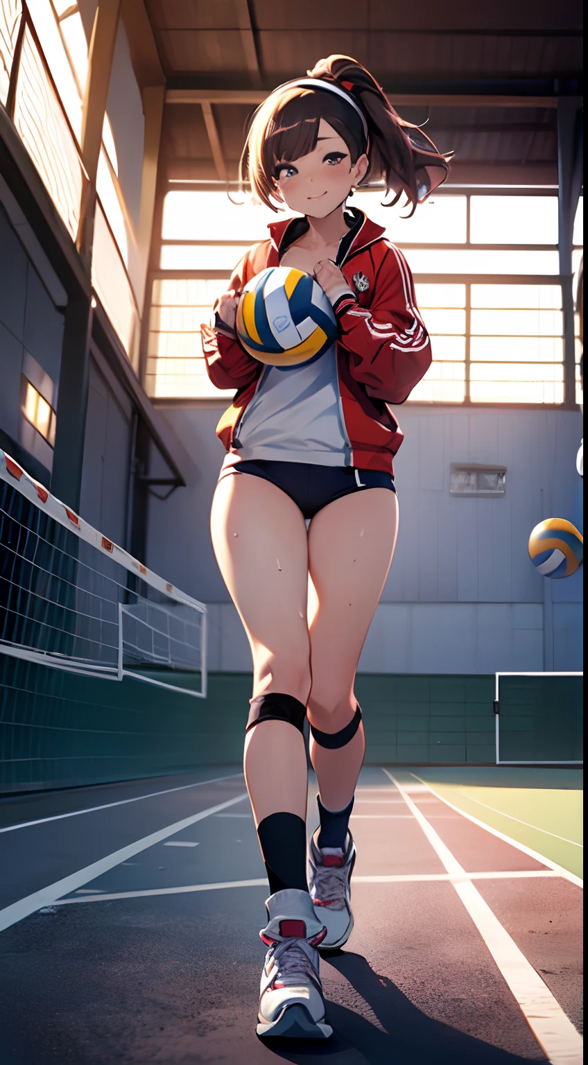 UHD, anatomically correct, 8k, (((masterpiece))), (((best quality))), (((ultra detailed))), (((high-resolution))), ((super fine illustration)), ((Ultimate cutie)), detailed beautiful face, solo, one girl, , potbelly, curvy, large breasts, shiny hair, one eye closed, smile, (blush), BREAK, (((buruma))), ((track jacket)), headband, ((wrist bands)), ((kneepads)), (((loose socks))), ((leg warmers)), ((high top sneakers)), BREAK, ((Embrace the Beautiful spherical shape 6-inch volleyball with both hands)), ((hold the Beautiful spherical shape 6-inch volleyball in both hands)), ((sweat)), (perspired), (heavy breathing), sense of depth, in gymnasium, lighting, full body, from below, looking at viewers