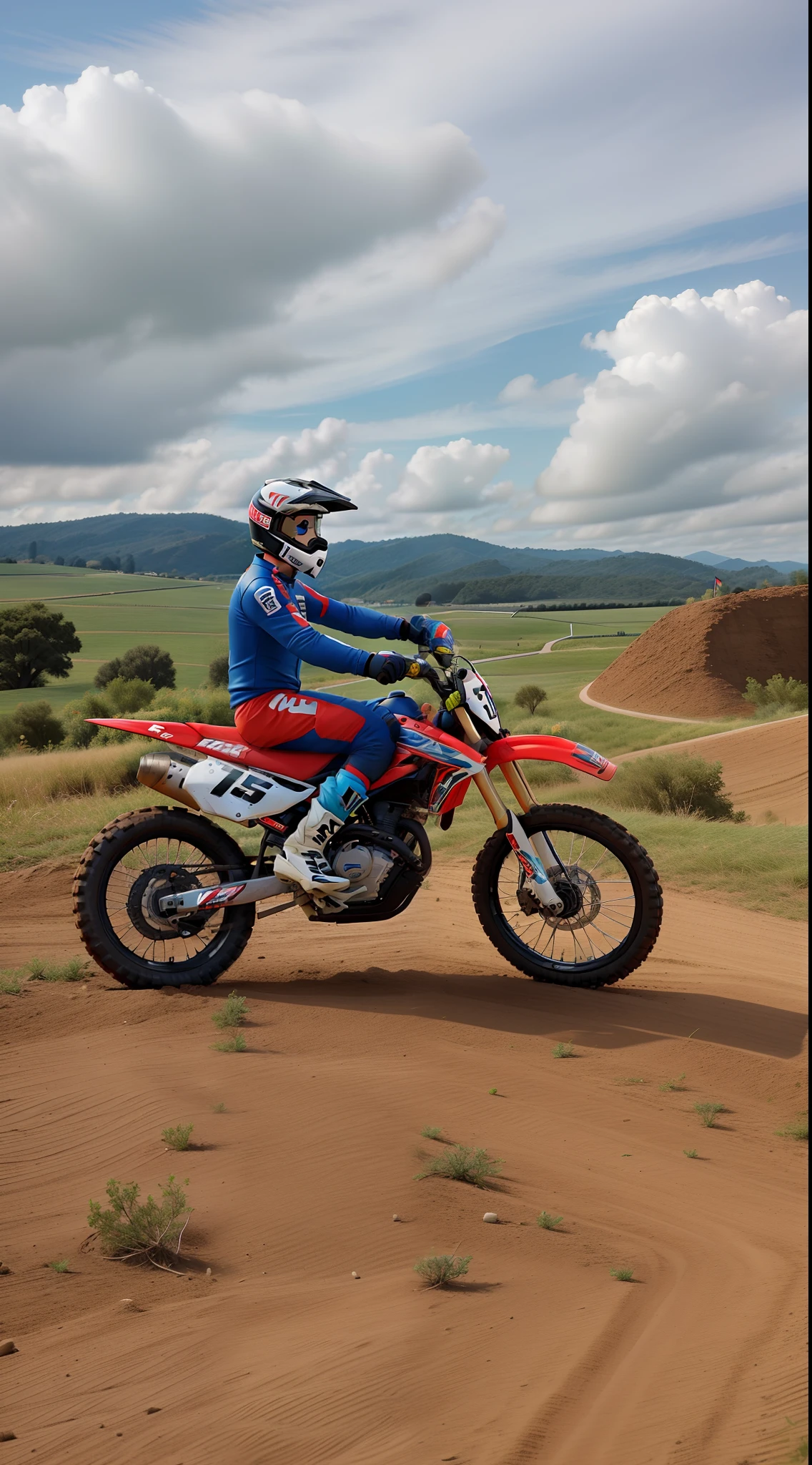 um Homem  andando de moto em uma estrada de terra,  with number 5 on the bike with the name Leo, MX2, moto motocross, alta qualidade melhor qualidade