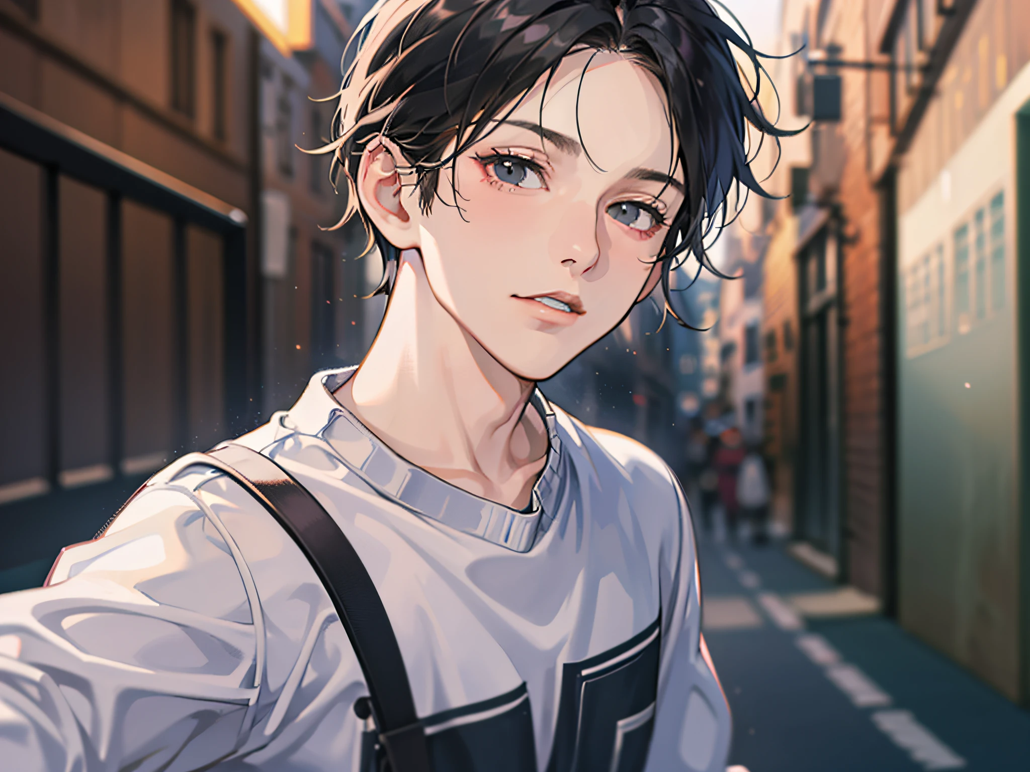 masutepiece, Detailed picture,Single male,late 20s age, The upper part of the body, A dark-haired, Black eyes, gloom, Reach out to the viewer,Dynamic Angle,Wearing a sweatshirt,Reviewer is watching, background is back alley
