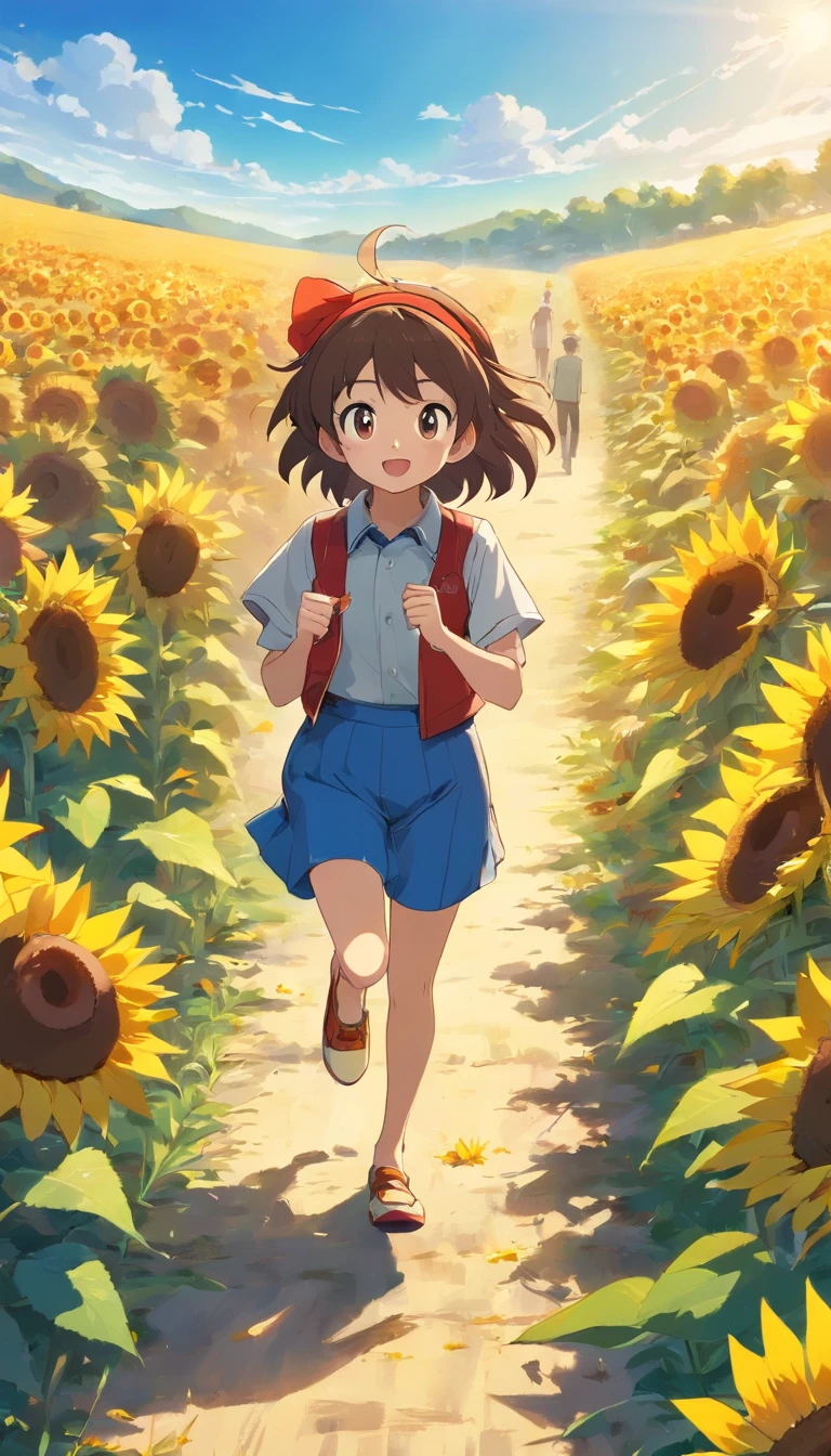 The little hedgehog runs out into the field on a sunny morning in search of sunflowers。 He saw a sea of golden flowers,Jumped in excitedly。 He picked one of the largest、The prettiest sunflowers,Wear it on your head,It's like a pretty hat。 Detailed illustration, Full-HD