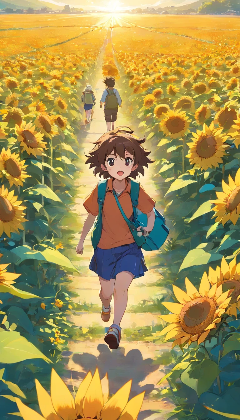 The little hedgehog runs out into the field on a sunny morning in search of sunflowers。 He saw a sea of golden flowers,Jumped in excitedly。 He picked one of the largest、The prettiest sunflowers,Wear it on your head,It's like a pretty hat。 Detailed illustration, Full-HD