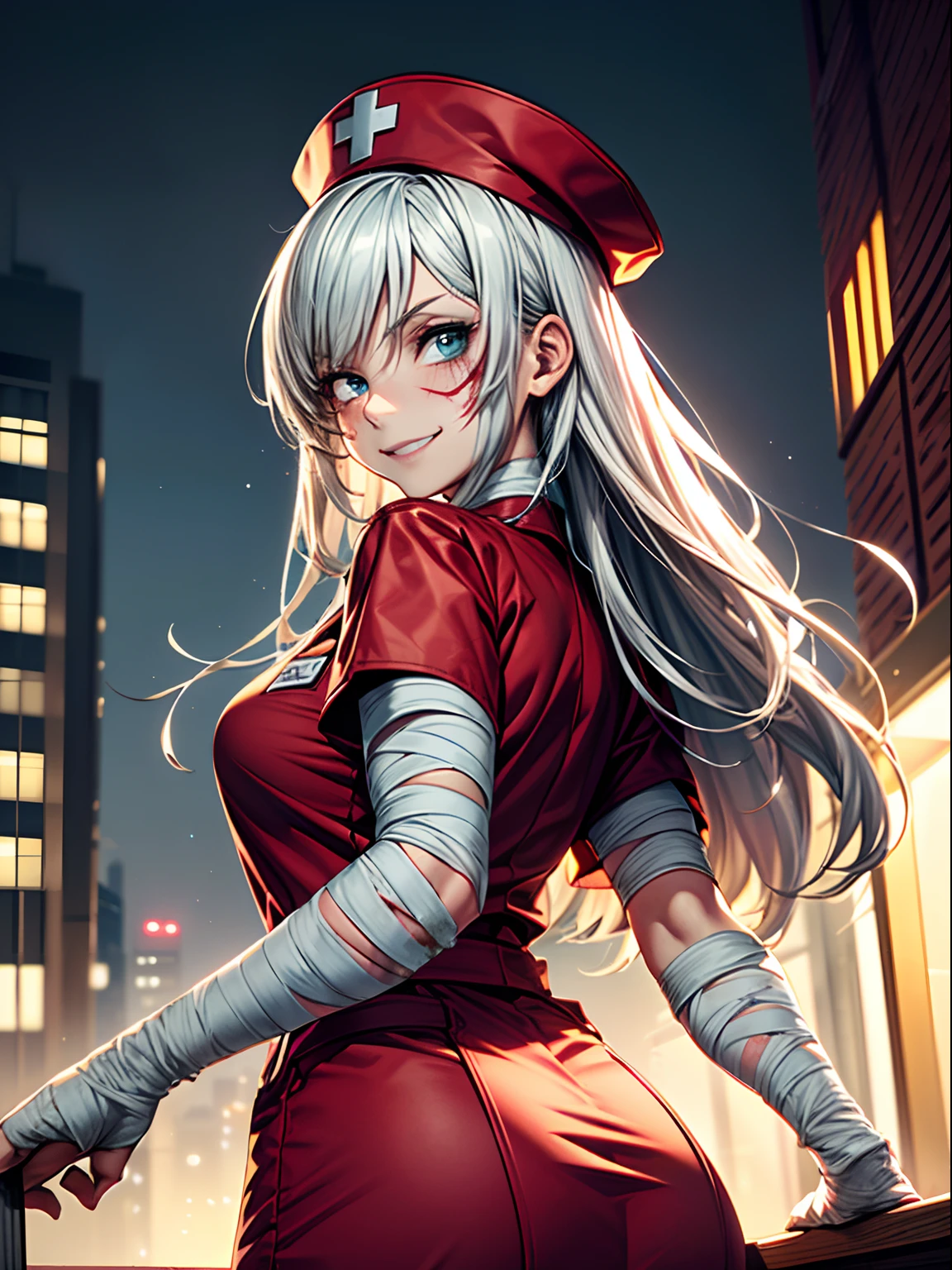 (best quality, hires, ultra-detailed:1.2), halloween, night city, building, 1 girl, nurse, nurse cap, halloween costume, (blood stain, (bandaged face), blood on bandages), looking back, cute, from above, face focus, (half-closed eye, evil smile:1.4)