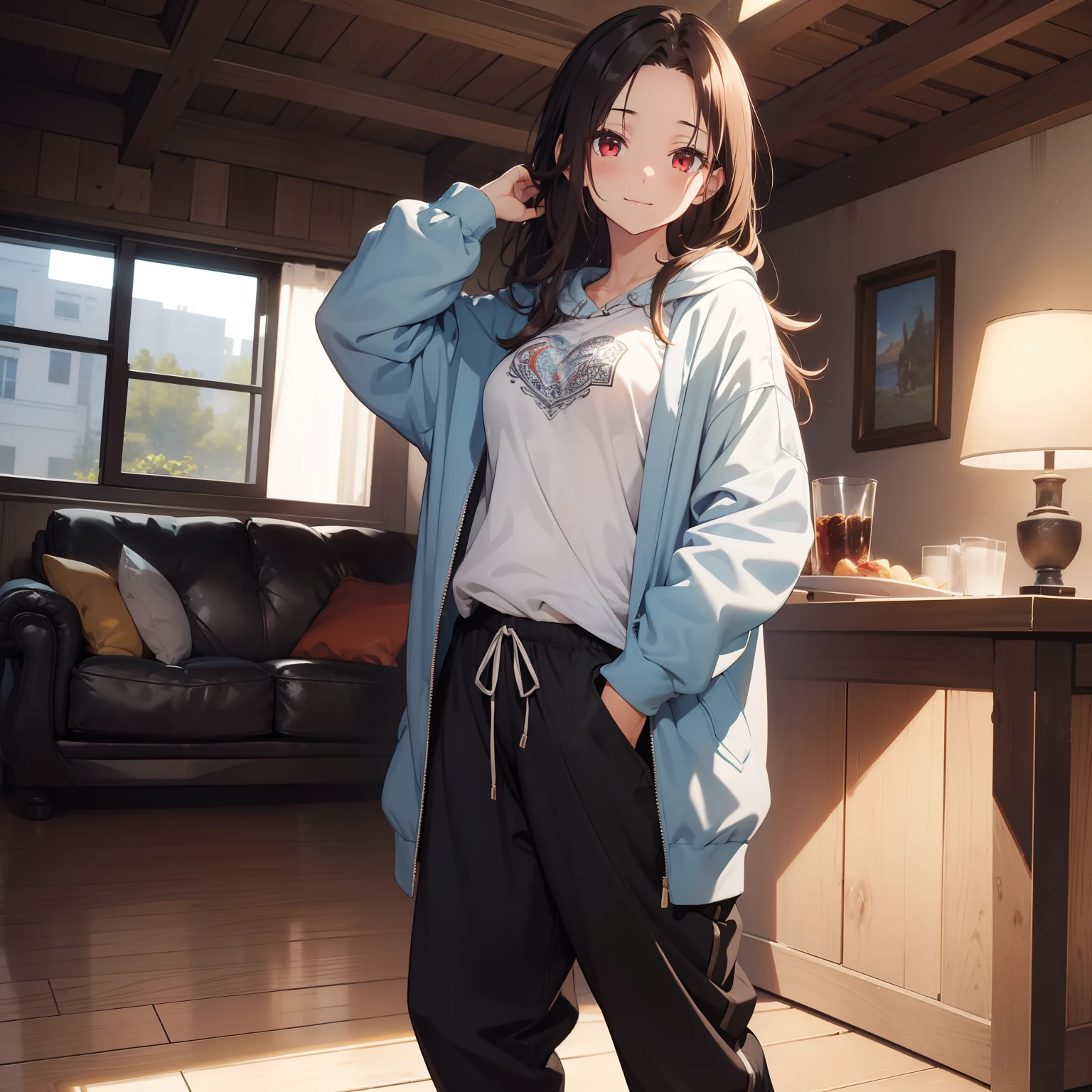 (masutepiece,Best Quality,8K),(extremely detailed CG1.1),1 girl,Smile,large boob,livingroom,(From below:1.2),Summer light,Intricate details , Hyper realistic, Perfect Anatomy,A dark-haired,Red Eyes,(((Forehead))),Permed hair with wavy hair,(((length hair))),Hair over one eye,hair slicked back,Light blue hoodie,(((Standing))),Full body,Black Loose Pants,espadrilles,