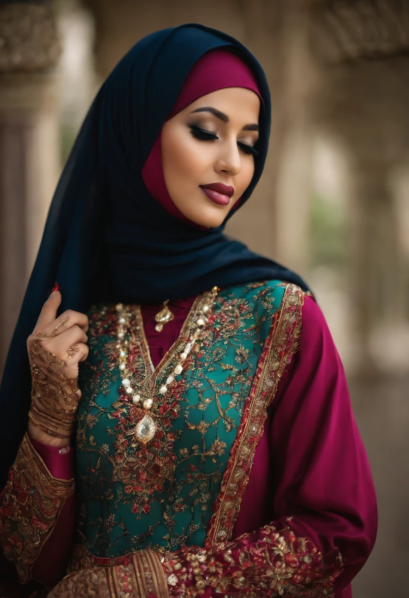 Cute 1girl, hijab beautifull, cleavage