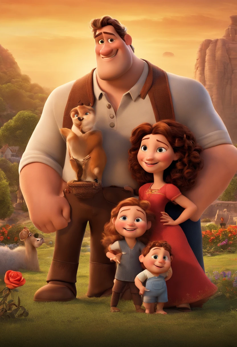 a Disney Pixar movie poster showing a white-skinned family. The father is the tallest, Tem barba curta, loiro, cabelos curtos e espinhosos. The mother has brown eyes and hair, shoulder-length and is slightly overweight. A menina tem 4 anos e cabelos castanhos, roupa rosa e rabos de cavalo. The background is a beach garden. 3D-rendering