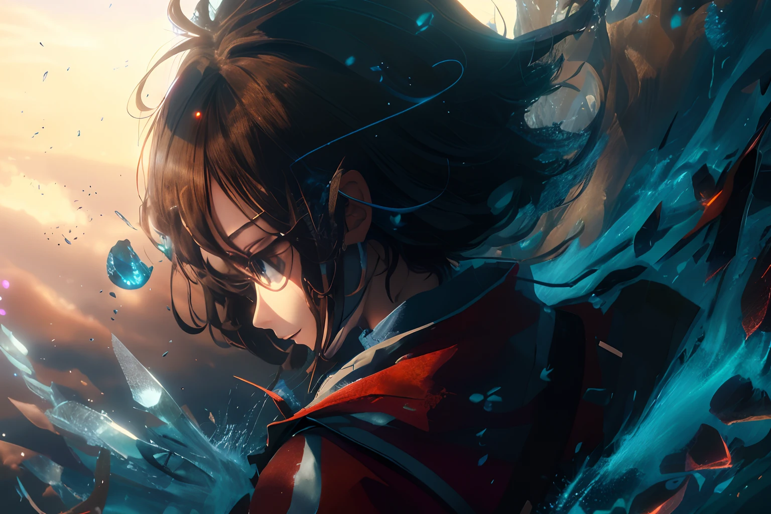girl, wizard outfit, student, 8K, hair brown and pink, ambicion, cute, anime, power, short hair, power mind, looking at the sea, backwards, sky and sea, field.